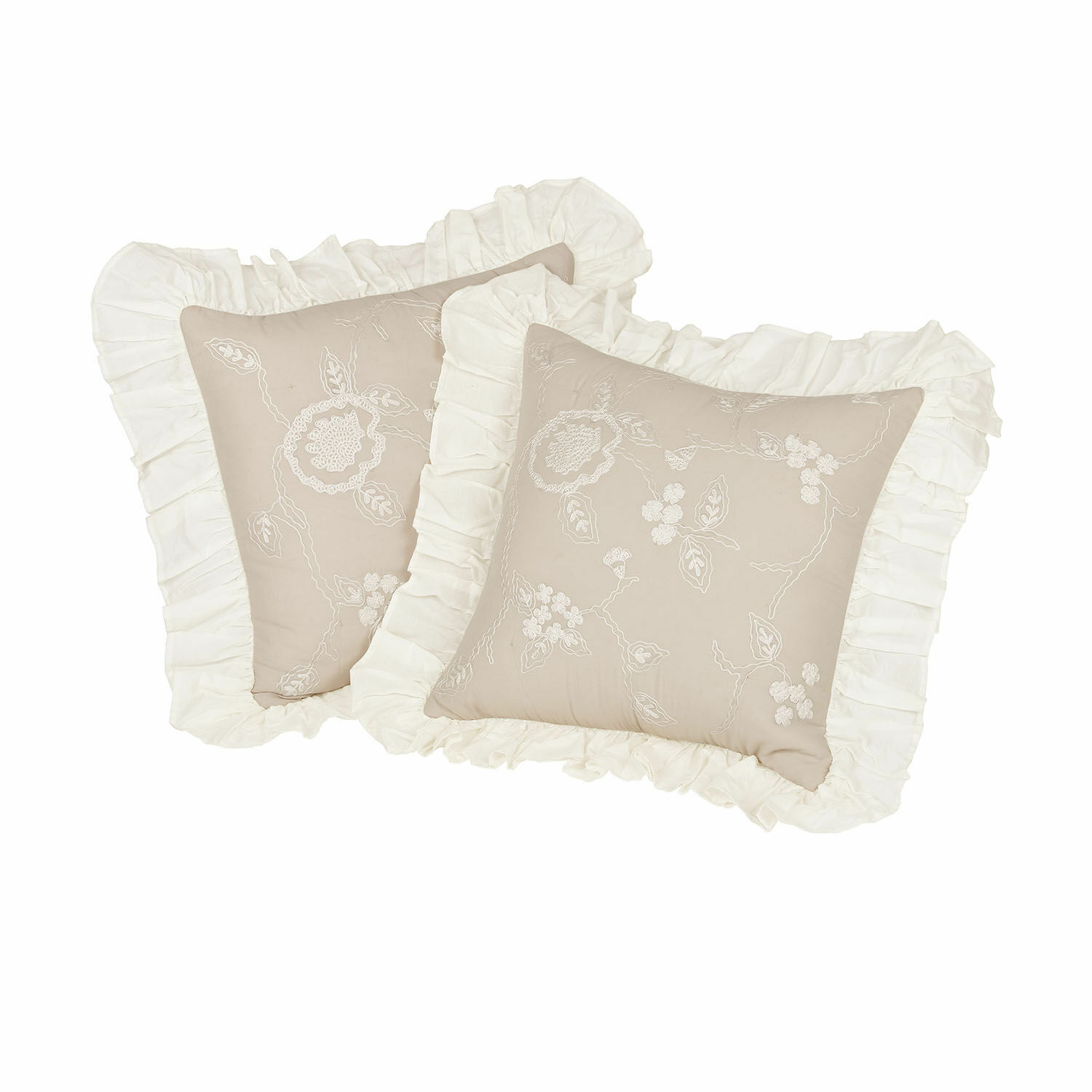 Kissenhülle 2er Set Clarissa Beige Dekokissen aus Baumwolle mit weißer Spitzenstickerei und Rüsche im Vintage-Stil