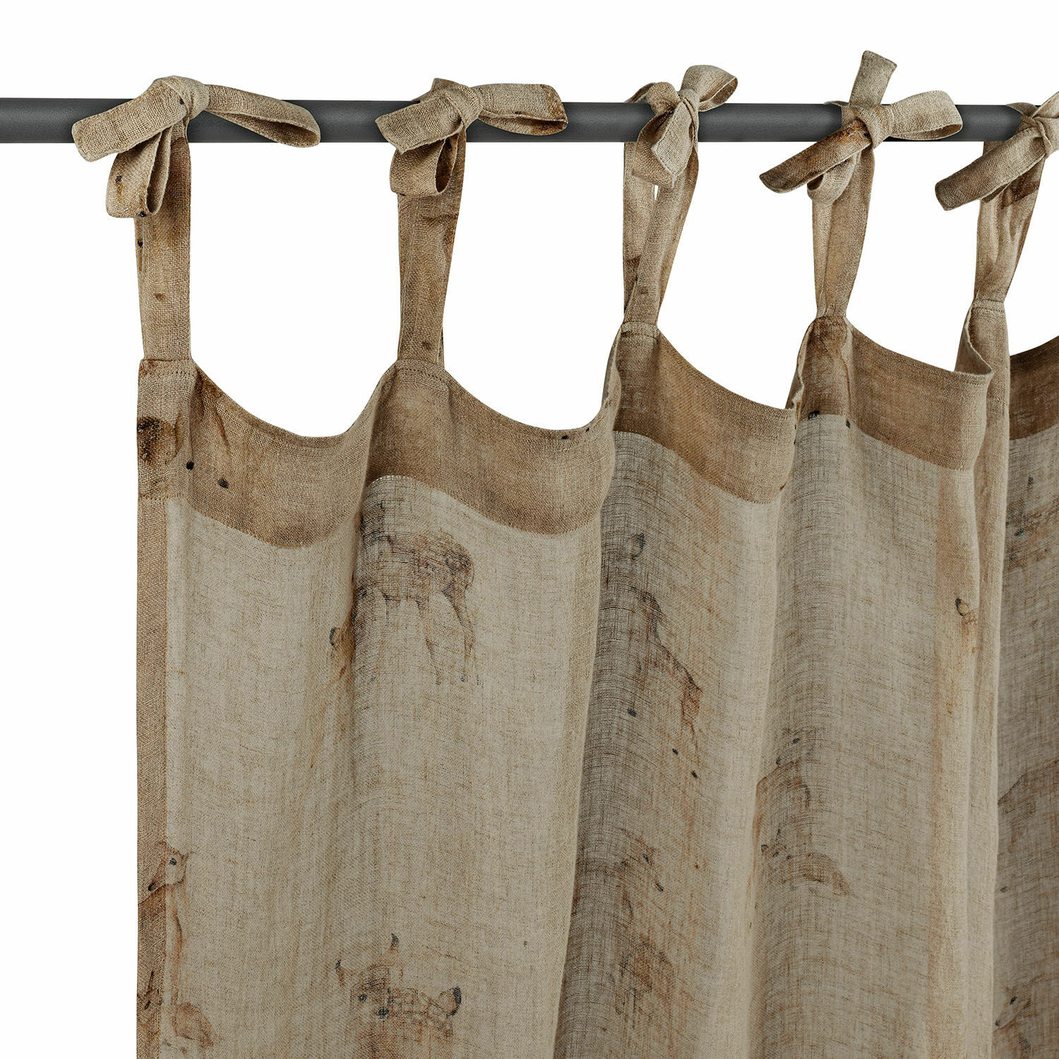 Leinenvorhang in Beige mit gebundenen Schlaufen und dezentem Tiermuster, natürliche Fensterdekoration