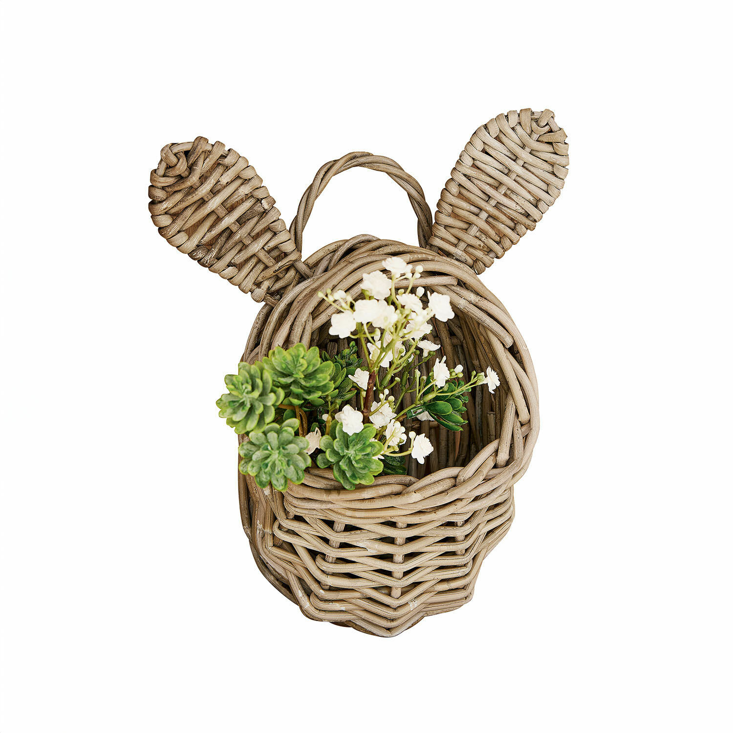 Korb Frances Wickelkorb in Tierkopfform mit Ohren, naturfarben, mit grünen und weißen Blumen dekoriert