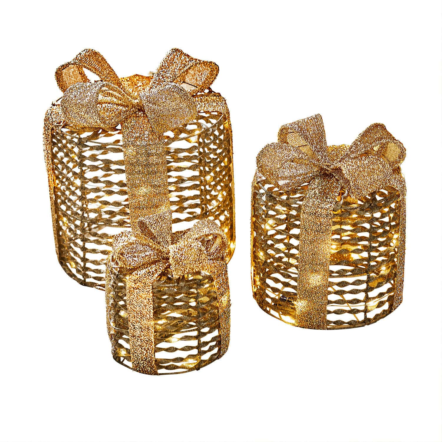 LED-Geschenk 3er Set Lorivane Drei goldene Geschenkdekorationen aus Netzmaterial mit LED-Lichtern für Weihnachten