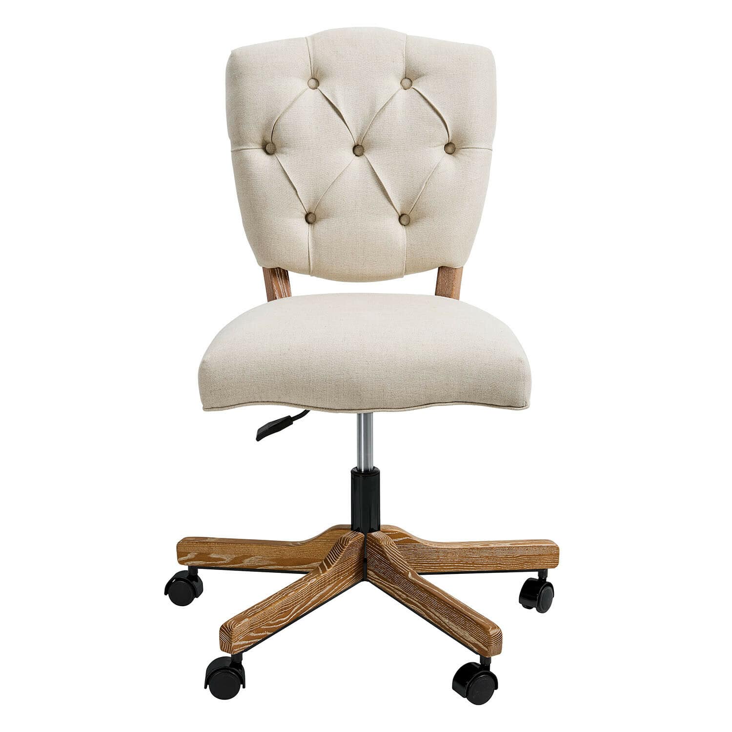 Beiger gepolsterter Bürostuhl mit Holzfuß und Rollen, höhenverstellbar für ergonomisches Sitzen