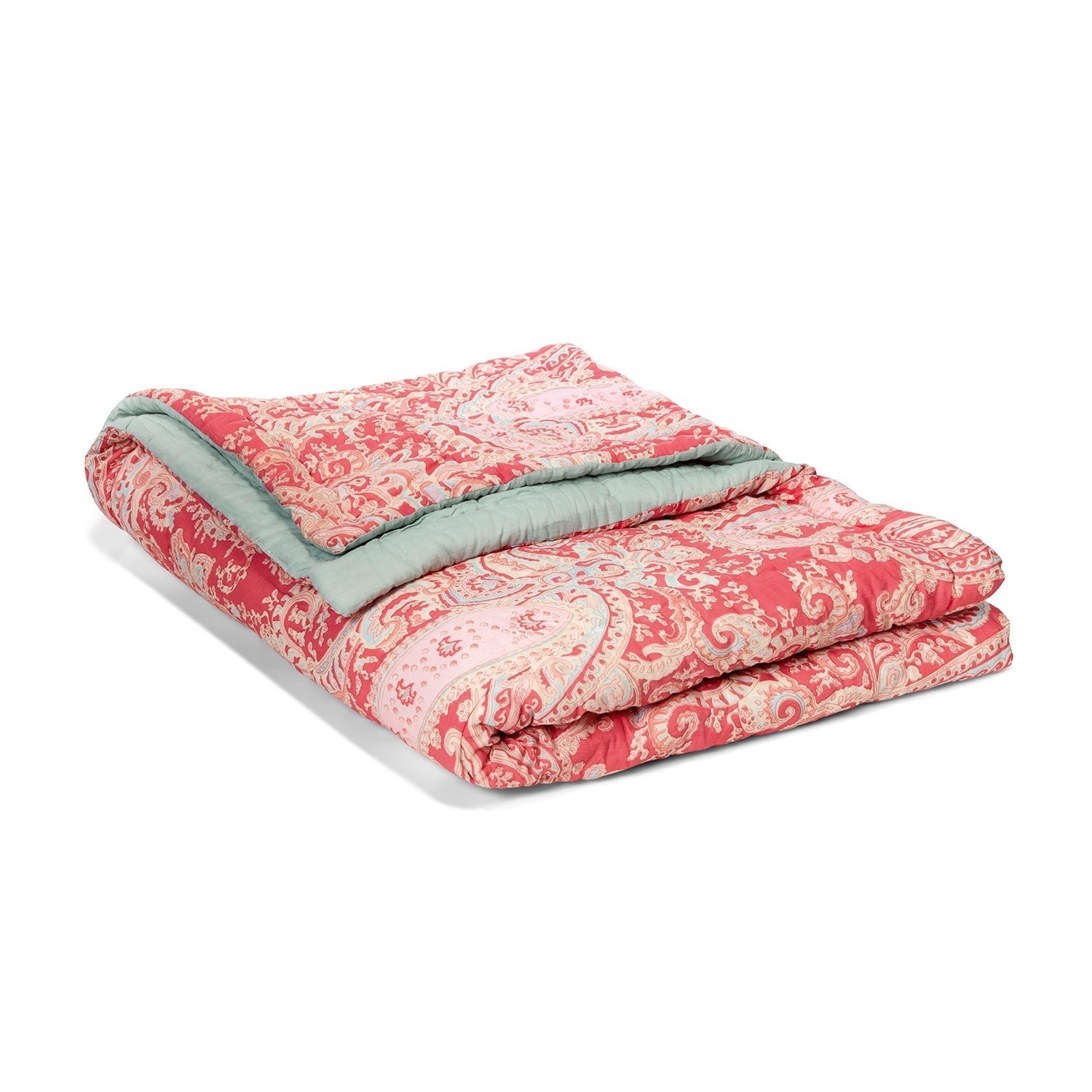 Warme Baumwoll-Steppdecke mit rot-rosa Paisley-Muster und grünem Rückseite, dekorative Bettdecke
