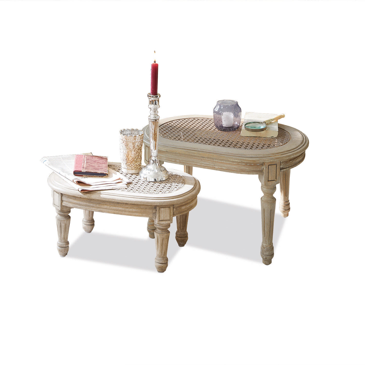 Beistelltisch 2er Set Dronne Zweier-Set helle Holztische mit geflochtenem Beigetischplatte im Vintage-Stil