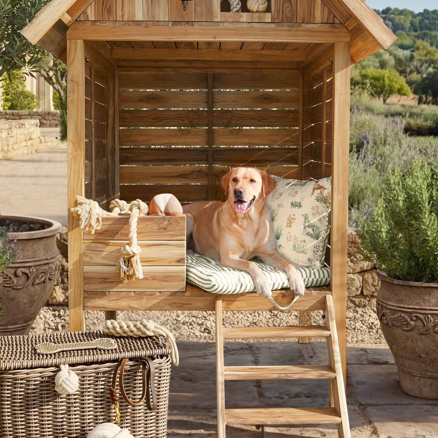 Holz-Hundehütte mit gestreiftem Kissen und Spielzeug, beiger Labrador liegt draußen entspannt