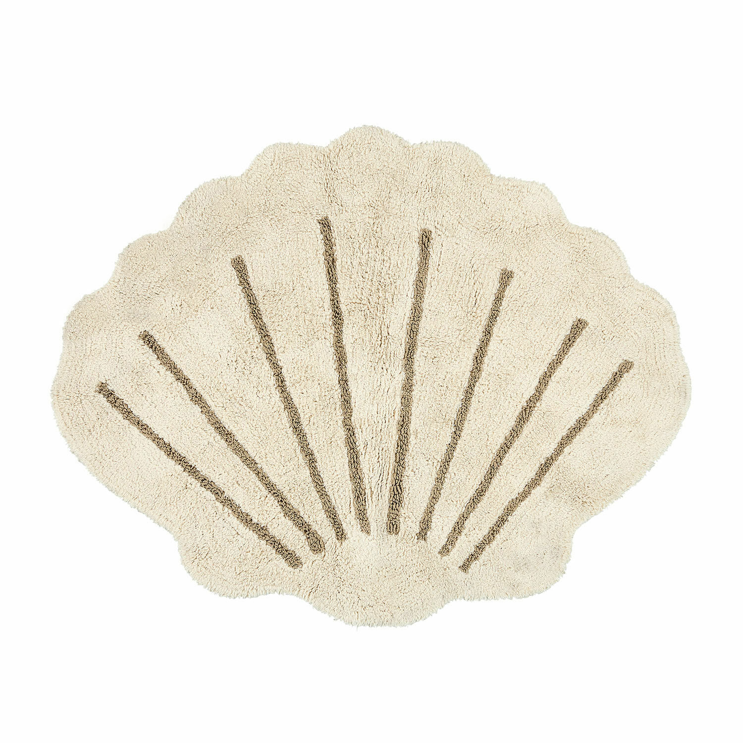 Beiger weicher Badteppich in Muschelform mit braunen Streifen, flauschiger Badezimmerteppich