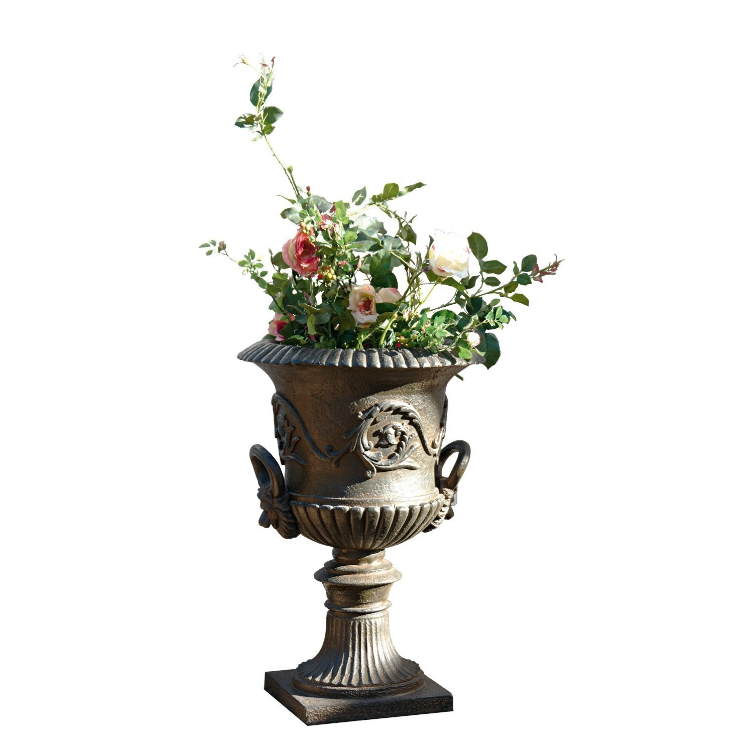 Dekorativer Metall-Blumenkübel im antiken Stil mit grünen Blättern und rosa Blüten