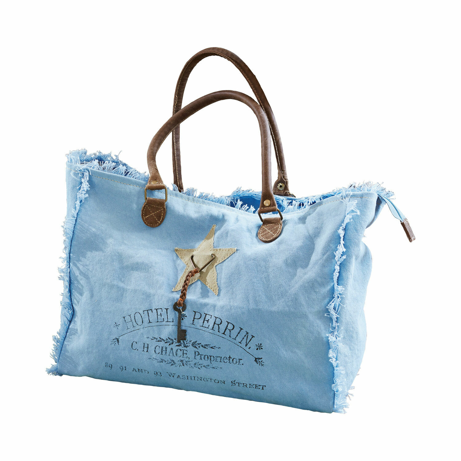 blau Elora Tasche aus blauem Stoff mit braunen Griffen und dekorativem Schlüssel im Vintage-Stil