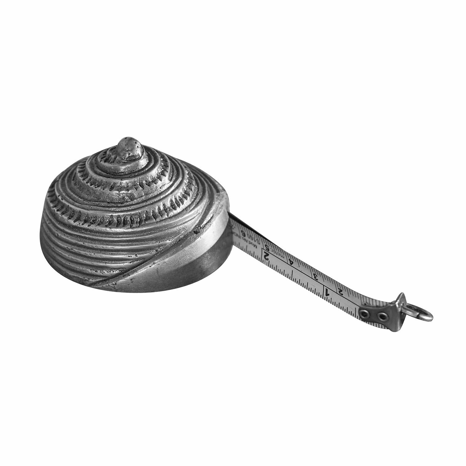 Maßband Ovixel Metallmaßband mit rundem silbernem Gehäuse und spiralförmigem Muster