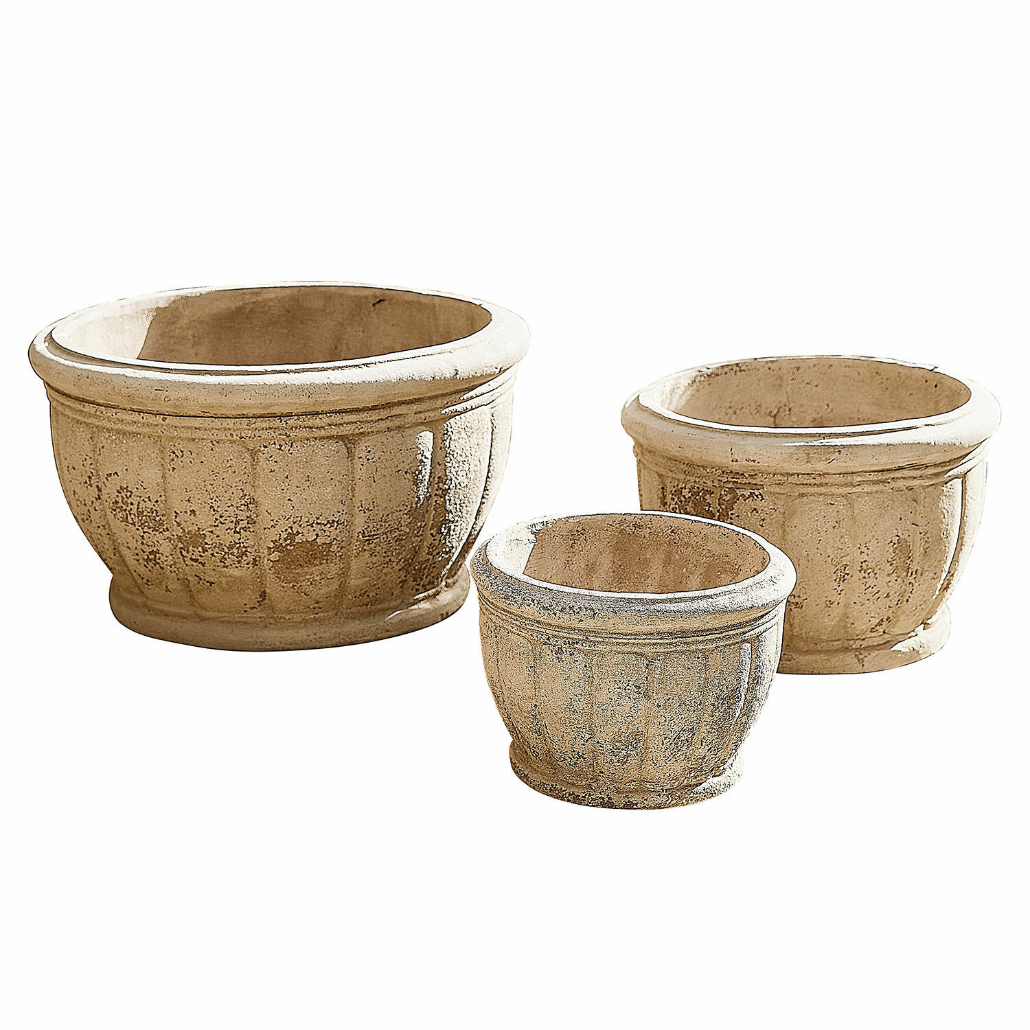 Übertopf 3er Set Jalexin Set aus drei beigen Pflanzgefäßen aus Stein für Garten und Innenbereich