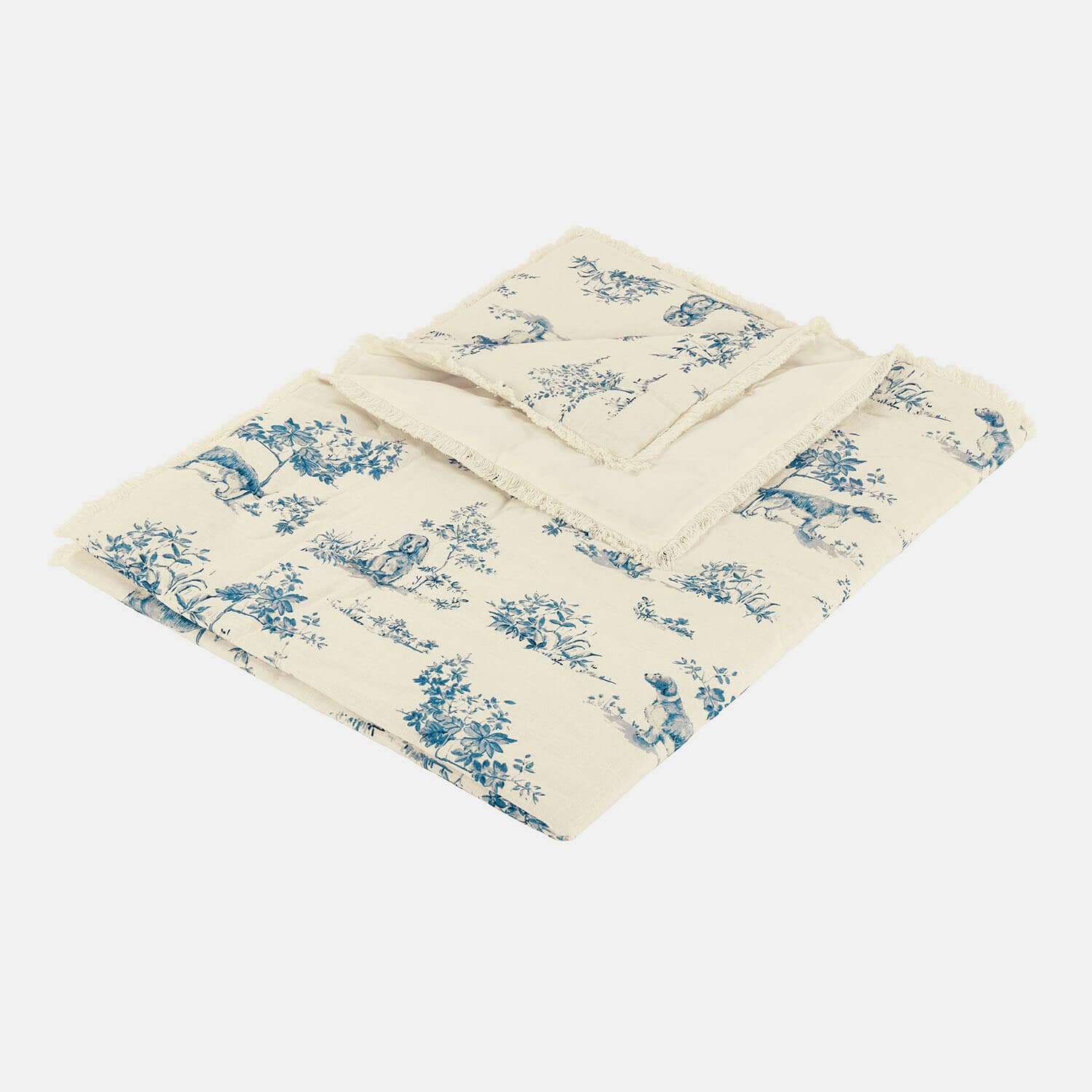 Cremefarbige Baumwolldecke mit blauem Pflanzen- und Tiermuster, dekorativ und weich