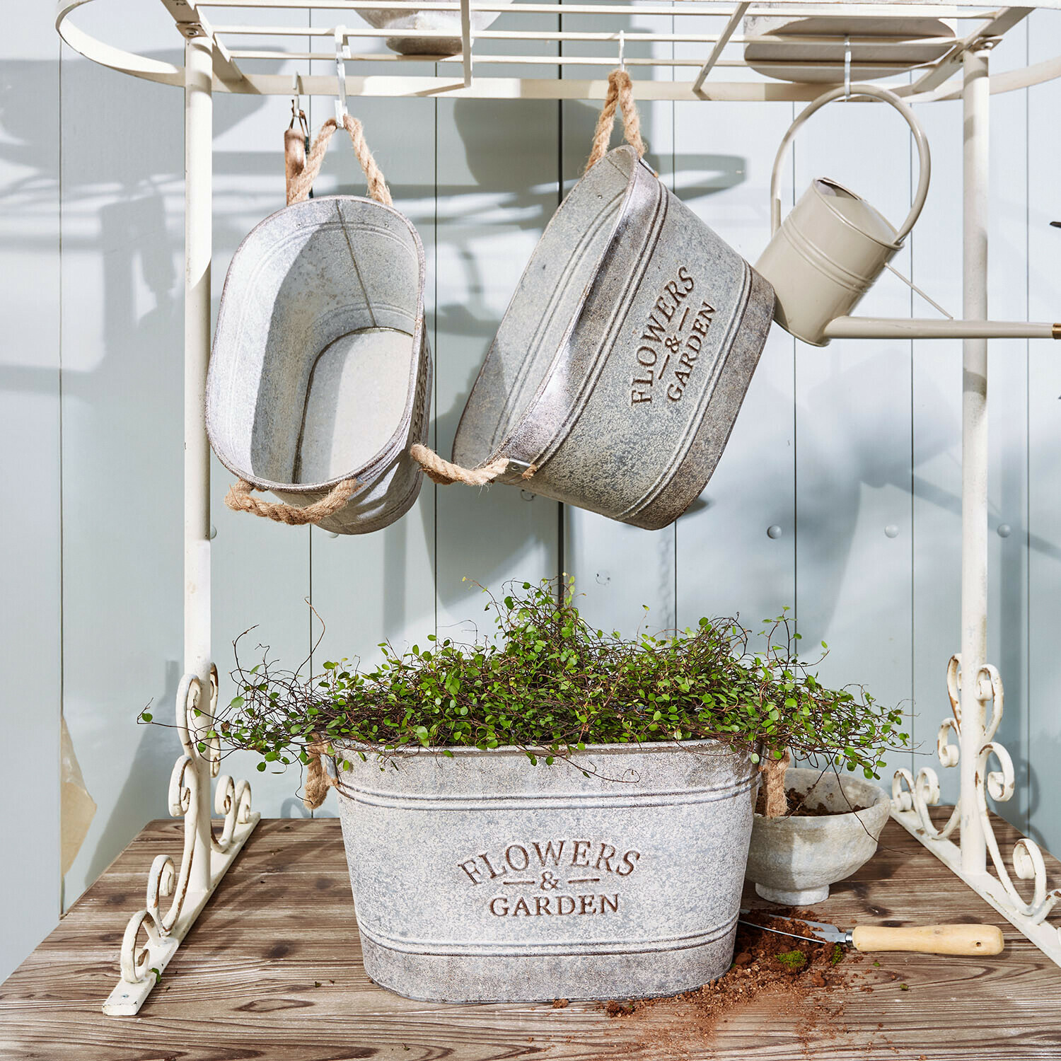 Übertopf 3er Set Merrin Graue Metallpflanzgefäße mit Aufschrift Flowers & Garden, grüne Pflanze und Gartengerät auf Holztisch