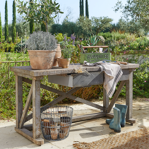 Gartentisch aus Holz mit Schublade und Blumentöpfen, ideal für Gartenarbeit, natürliche Holzfarbe