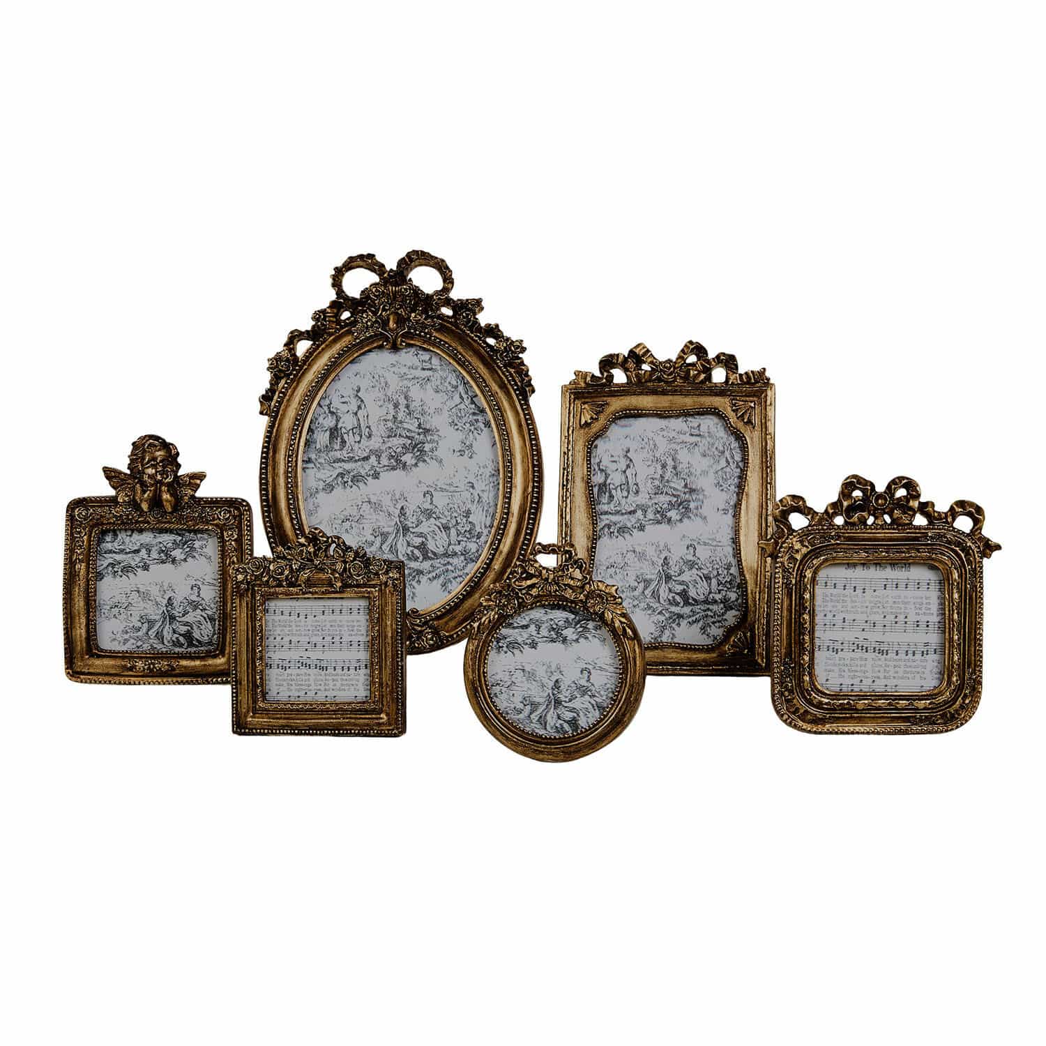 Set aus sechs goldfarbenen Vintage-Bilderrahmen mit Engels- und Notendetails für Fotos