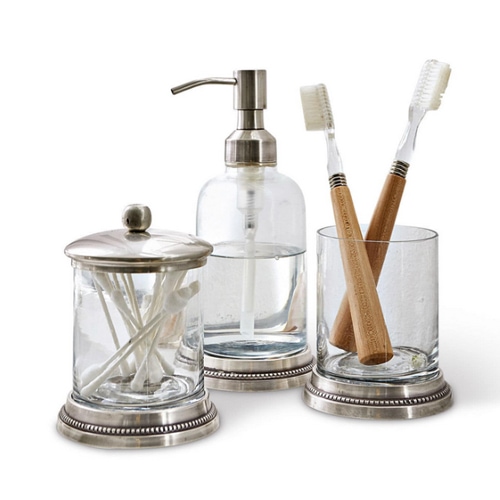 Glas-Badezimmer-Set mit Metallakzenten, Spender und Behälter für Zahnbürsten und Wattestäbchen