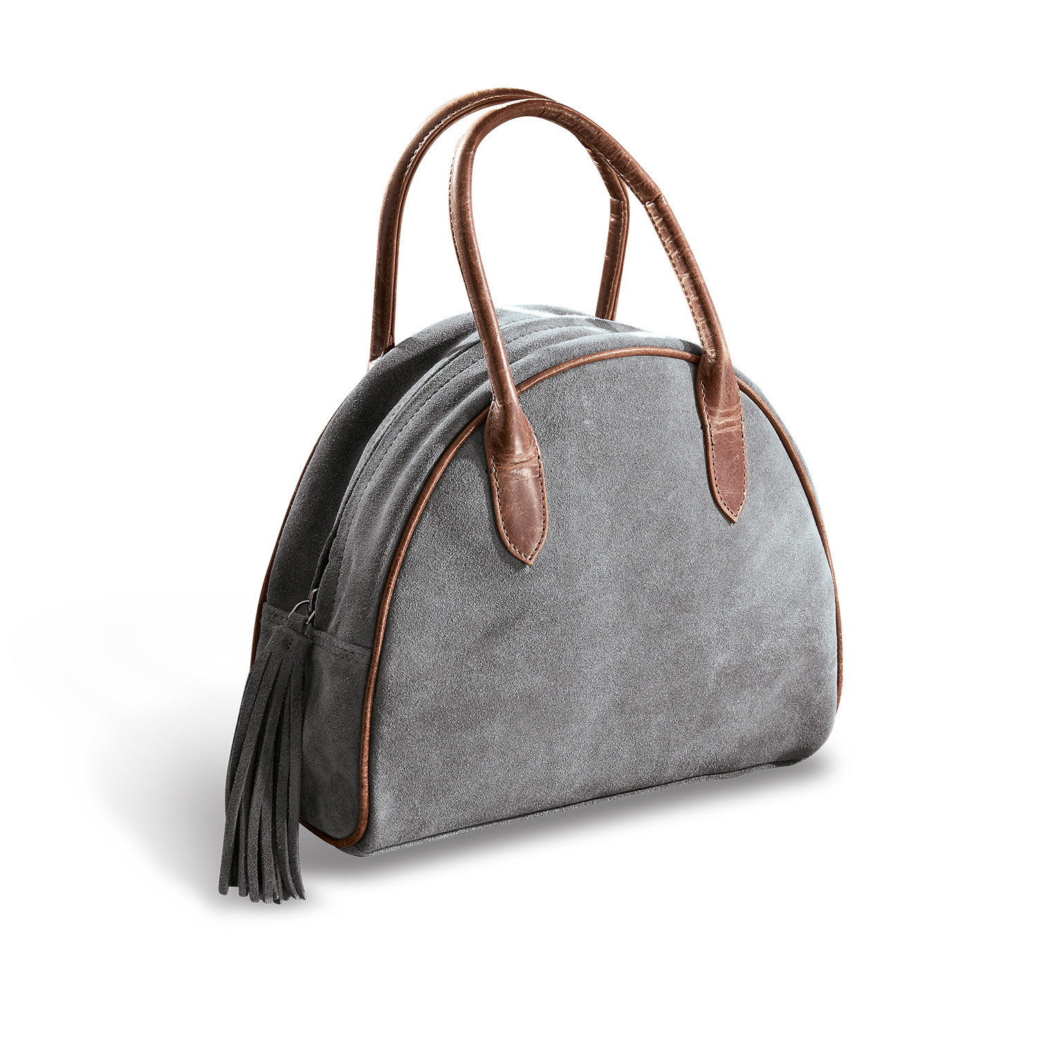 Tasche Elisabeta Graue Wildledertasche mit braunen Ledergriffen und Quaste, modisches Damenaccessoire