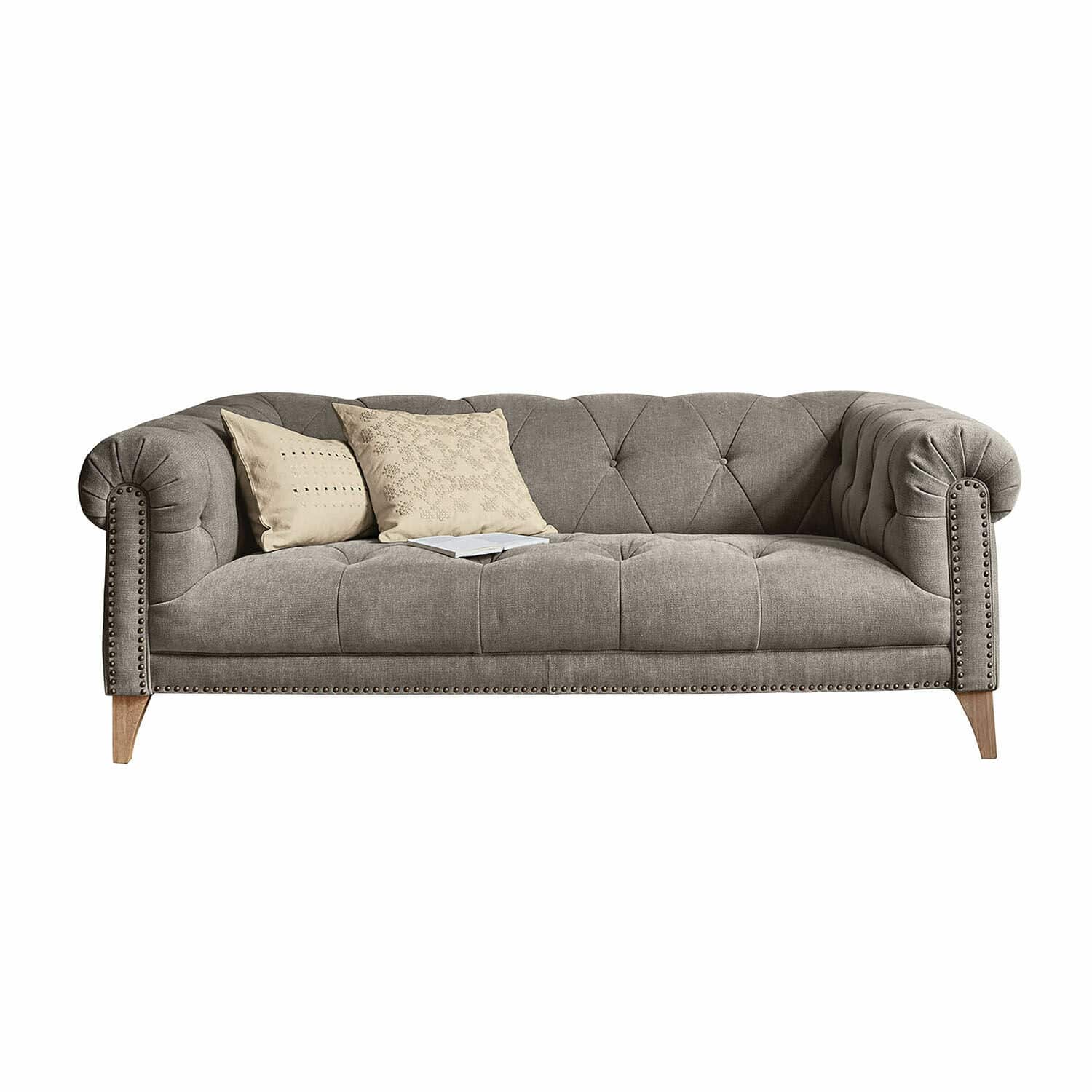 Sofa Sanbornville Grau gepolstertes Sofa mit dekorativen Knöpfen und Holzbeinen, Vintage-Stil für Wohnzimmer