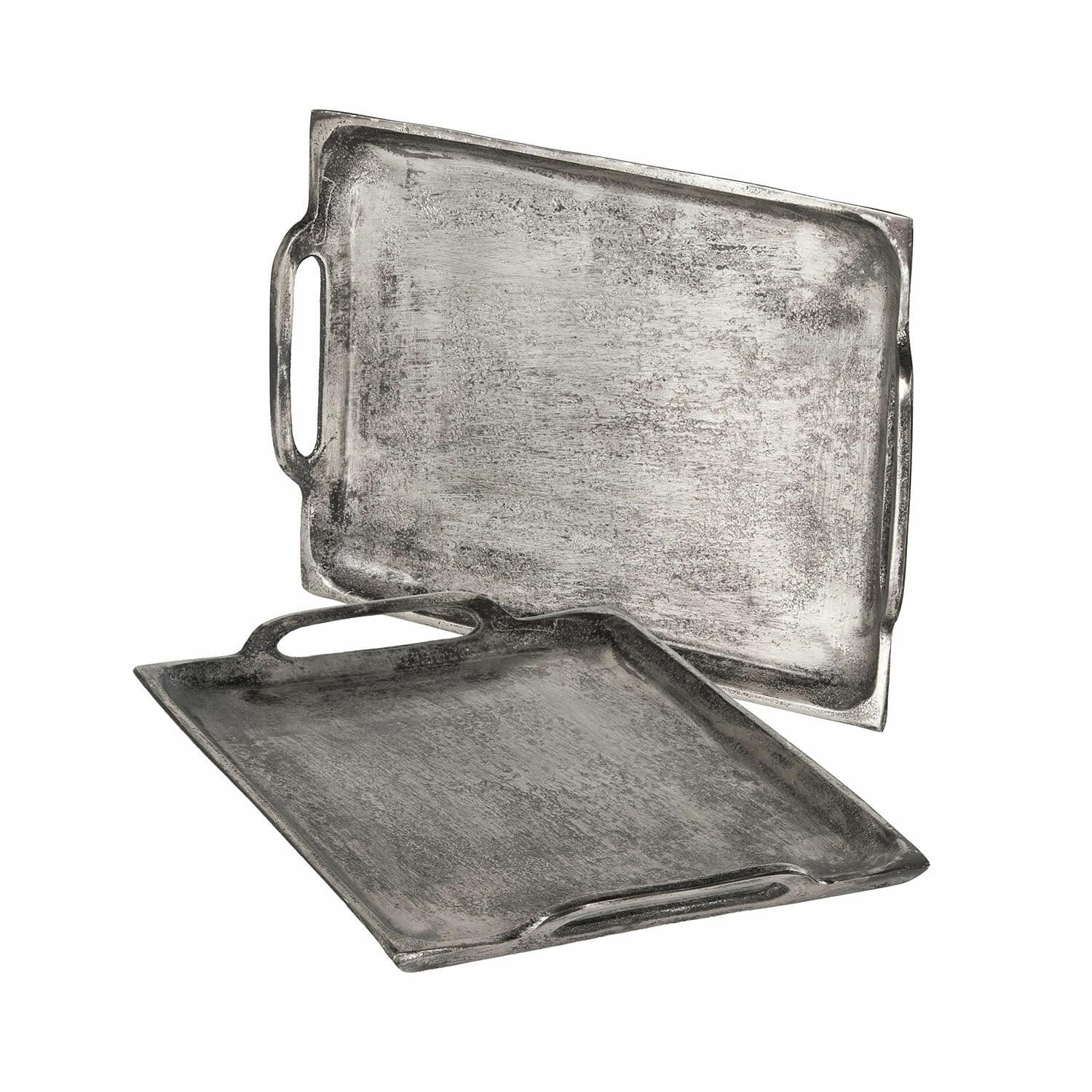 Tablett 2er Set Branora Set aus zwei silbernen Metalltabletts mit Griffen, industrieller Stil zum Servieren