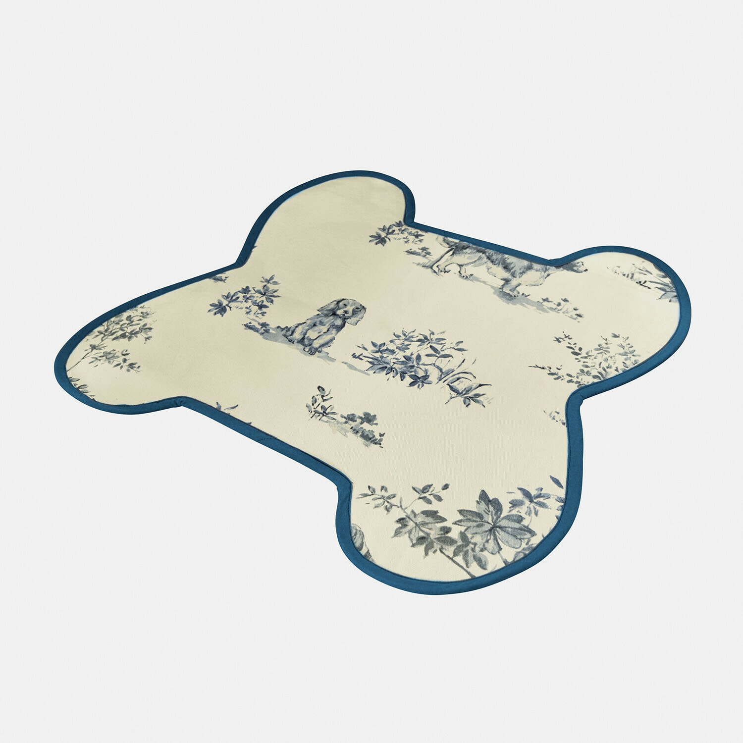 Baumwollteppich in Bärenform in Creme mit blauem Rand und Hunde-Motiv für Wohnräume