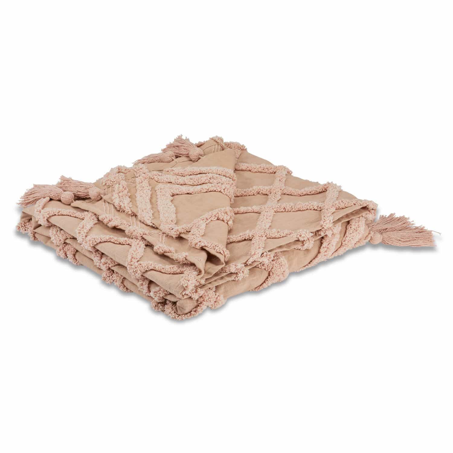 Beige Baumwolldecke mit Fransen und geometrischem Muster, weiche und dekorative Wohndecke