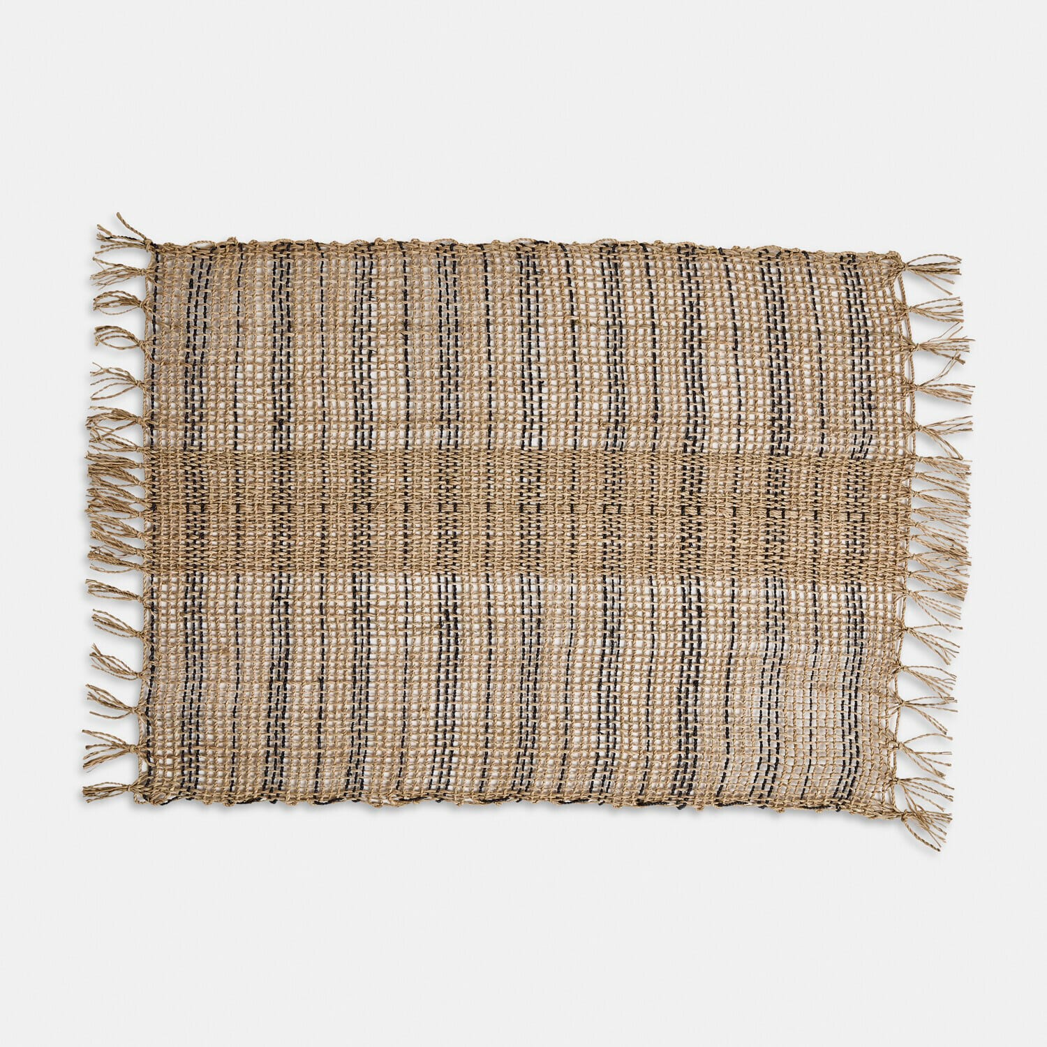Jute-Teppich in Naturfarbe mit schwarzen Streifen und Fransen, rustikale Wohnraumdeko