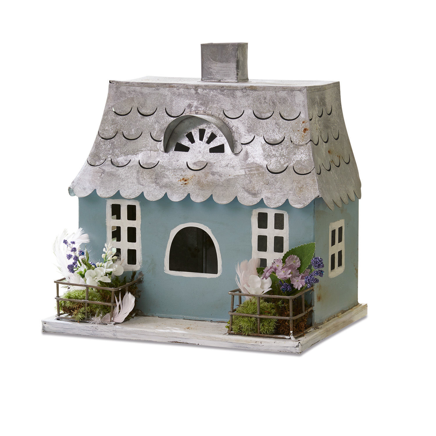 Deko-Haus Nesrine Dekoratives blaues Metallhaus mit Blumen und grauem Dach, stilvolle Wohnaccessoire
