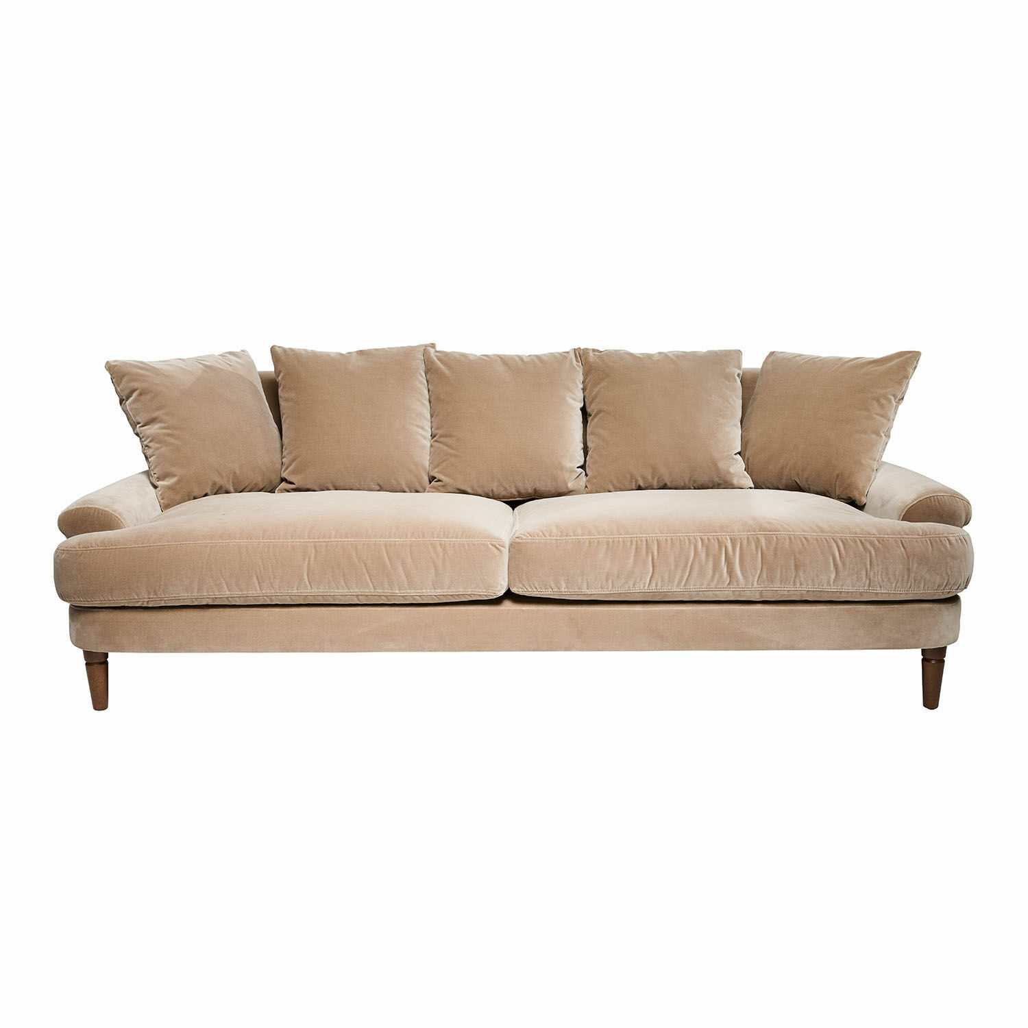 Sofa Rivermere Beige Sofa aus weichem Stoff mit fünf Kissen und Holzbeinen, komfortables Wohnzimmermöbel