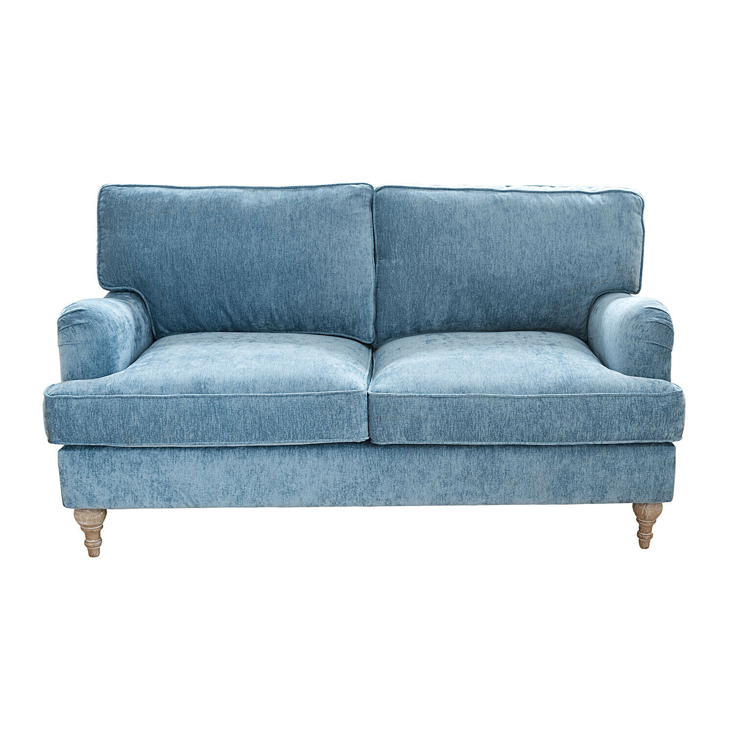 Sofa Elvika aus hellblauem Samtstoff mit Holzbeinen, bequemes Wohnzimmermöbel