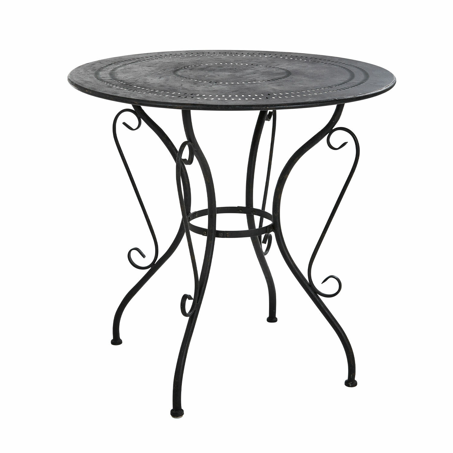 antikschwarz Runder Tisch Aube aus Metall in antikschwarz, dekorativer Gartentisch mit filigranen Beinen