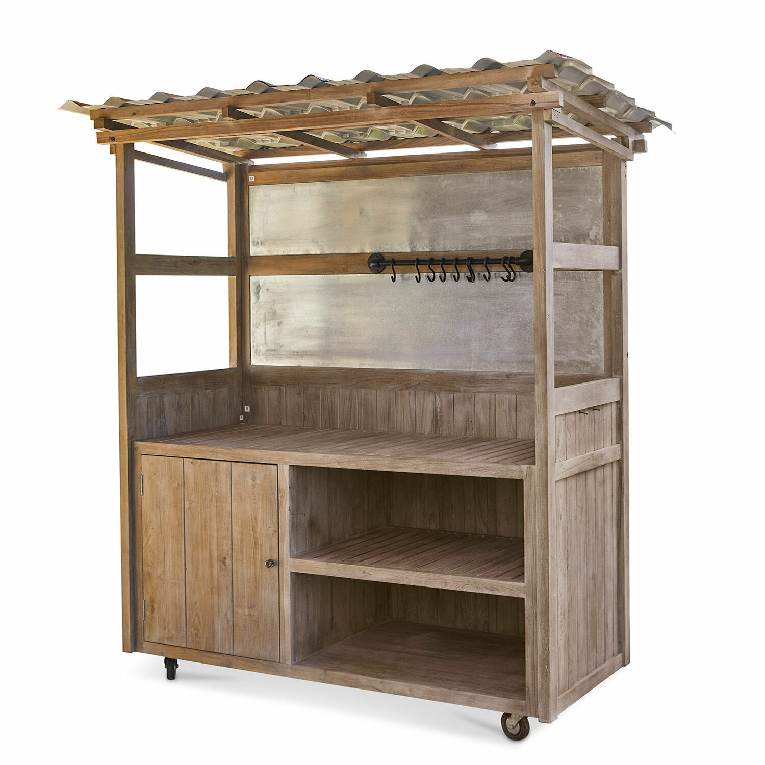 Gartenschrank aus Holz mit Metallrückwand und Haken, auf Rollen, praktischer Stauraum
