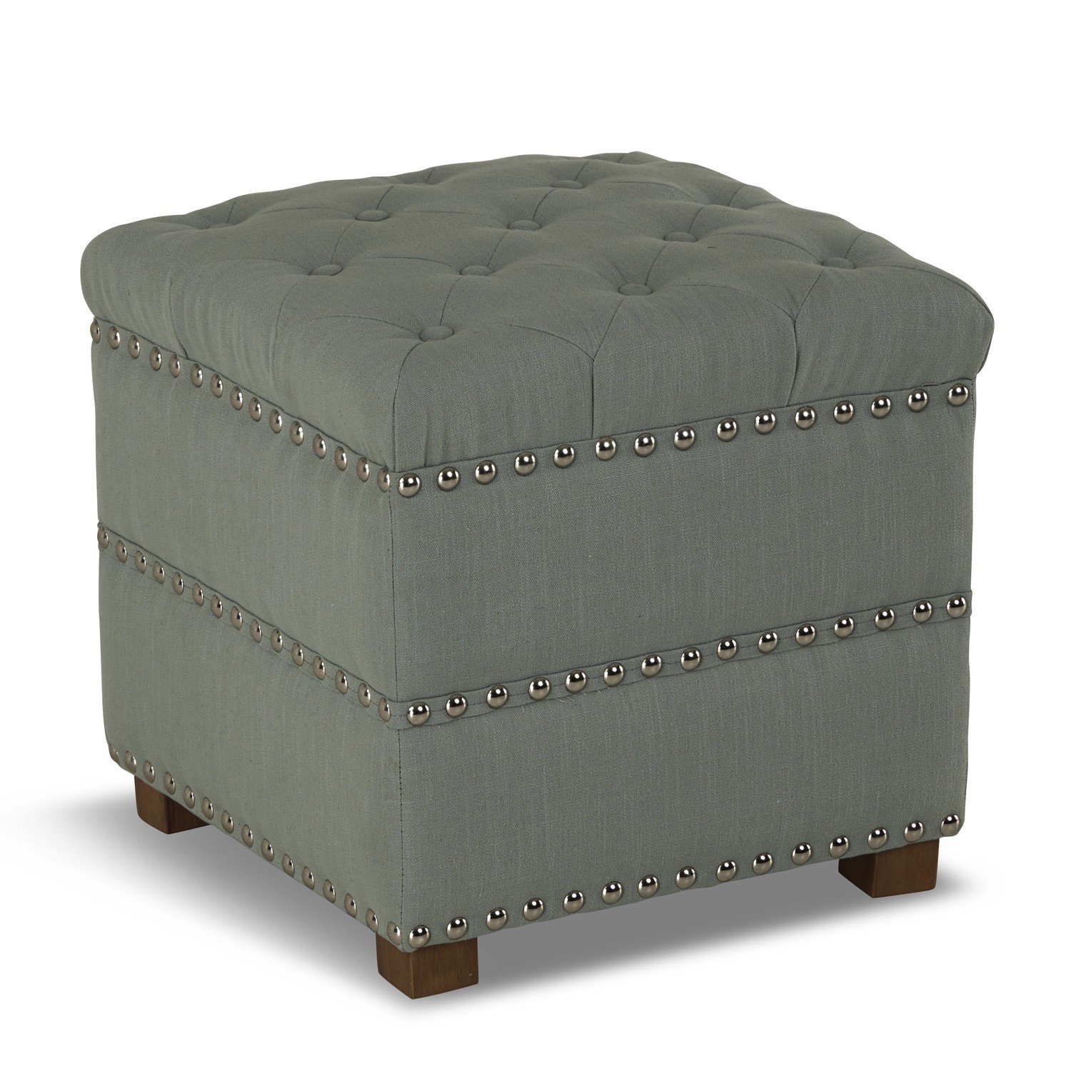 Quadratischer Hocker mit grünem Stoffbezug, Knopfheftung und dekorativen Nägeln, Wohnzimmermöbel