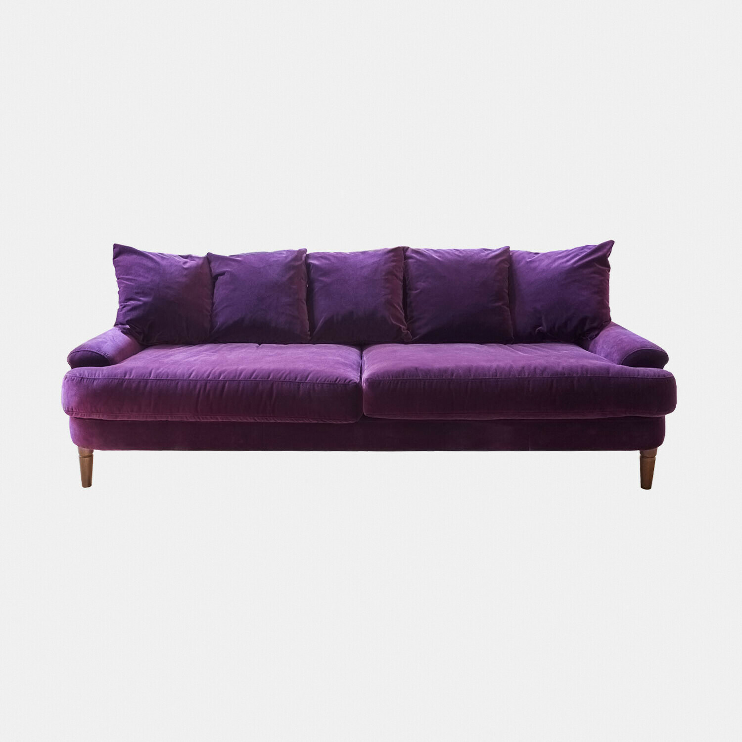 Lila Rivermere Sofa aus weichem Samt mit Kissen und Holzbeinen, komfortables Wohnzimmermöbel
