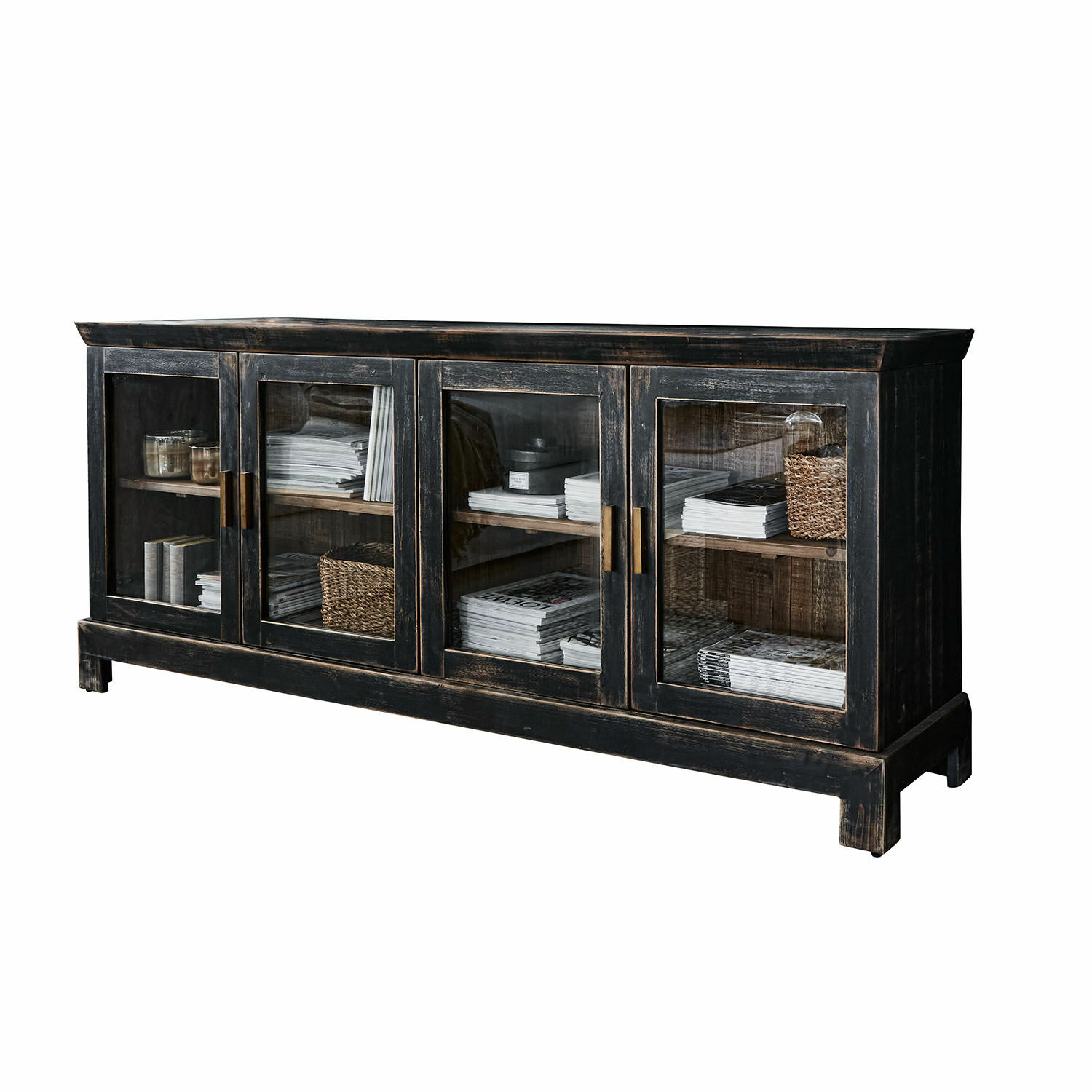 Kommode Nivelles Schwarzes Holz-Vitrinenschrank mit Glastüren und Messinggriffen im Vintage-Stil