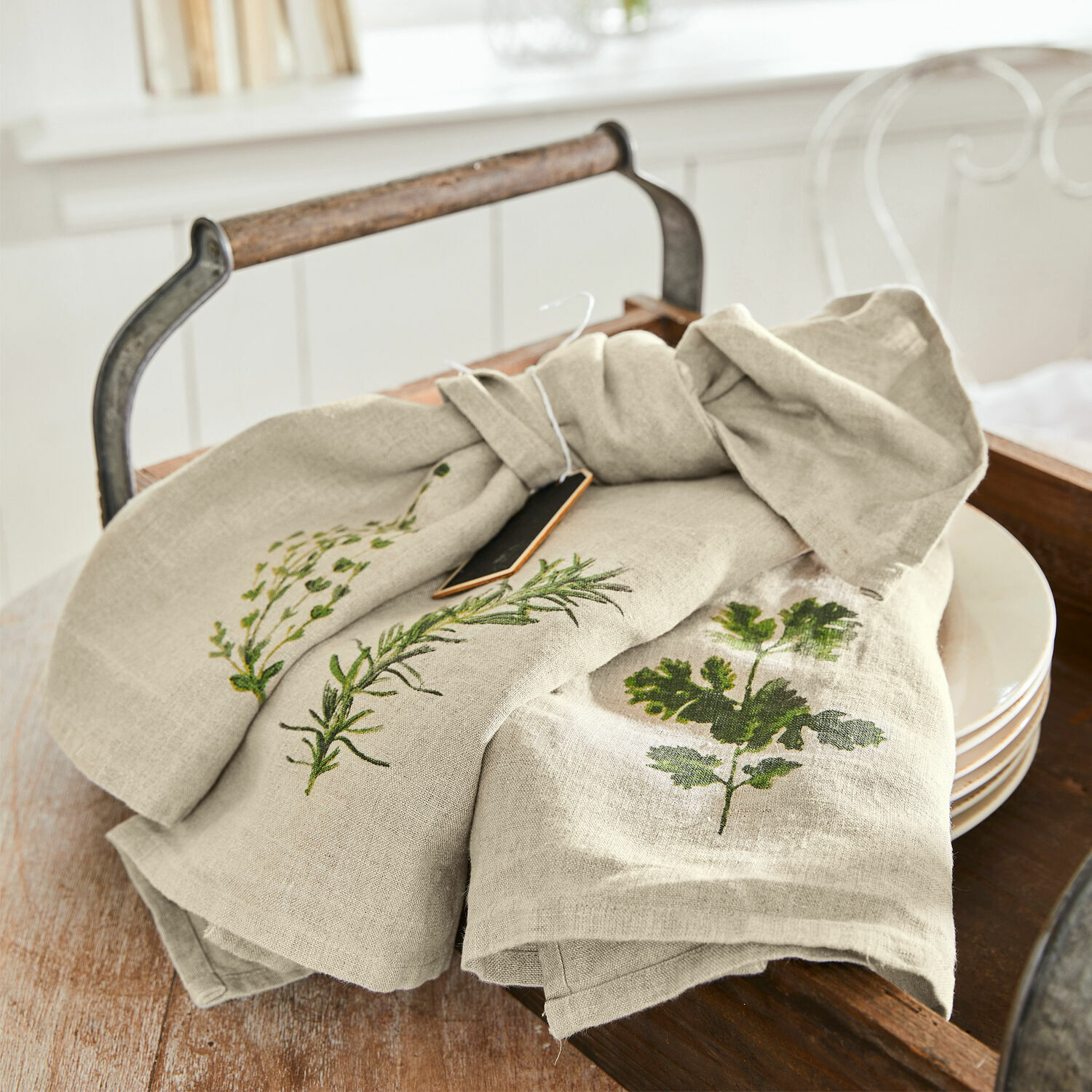 Geschirrtuch 3er Set Herbal Gardens Beige Leinen-Geschirrtücher mit grünen Kräutermotiven für Küche und Dekoration