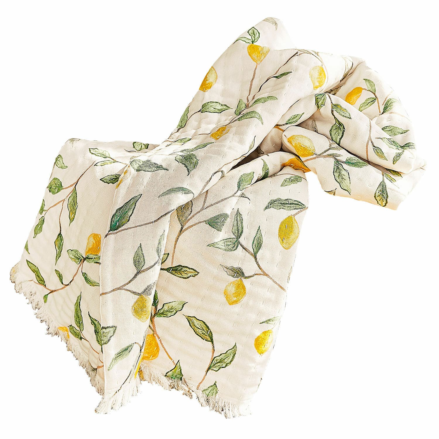 Plaid Palerina Baumwoll-Decke in Creme mit gelben Zitronen und grünen Blättern, Fransen am Rand