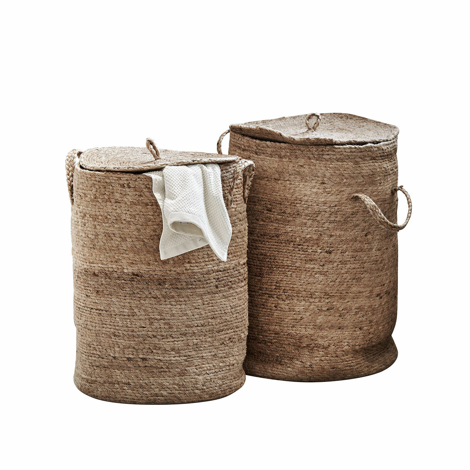 Wäschekorb 2er Set Kory Set aus zwei runden Wäschekörben aus braunem Natur-Jute mit Deckeln zur Aufbewahrung