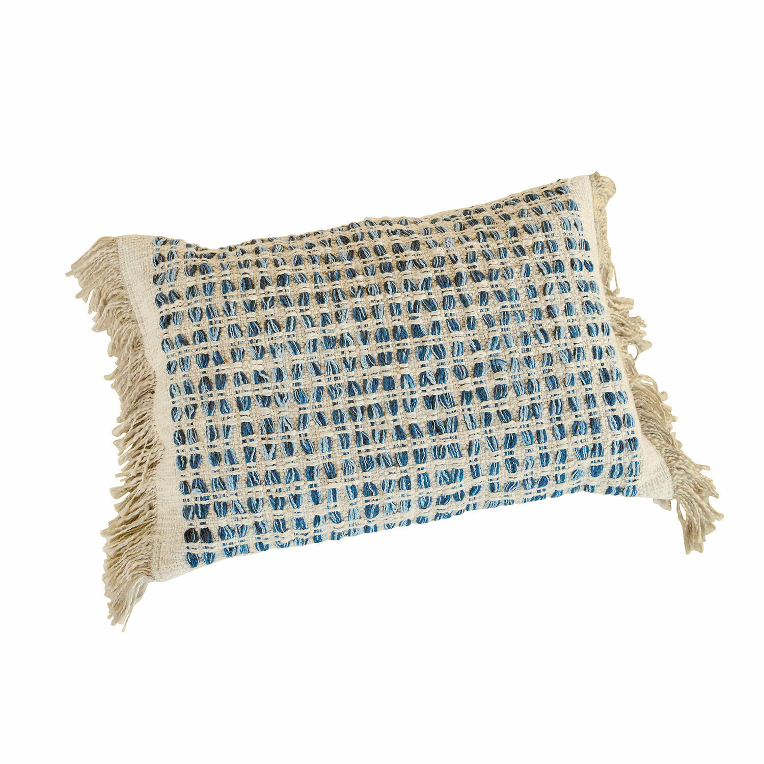 Kissenhülle Monrovie Rechteckiges Dekokissen aus Baumwolle in beige-blauem Karomuster mit Fransen im Boho-Stil