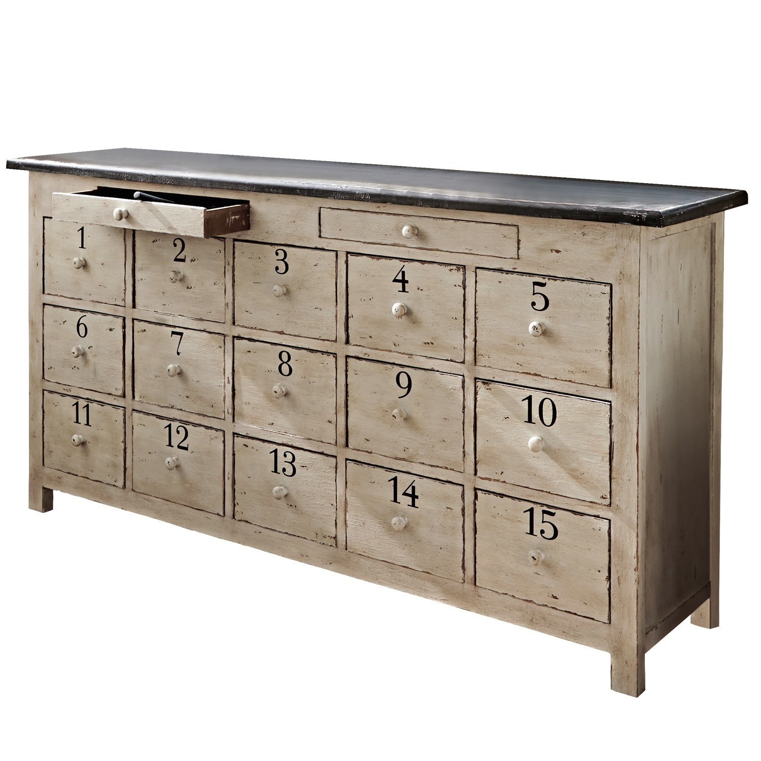 Holzkommode in Beige mit 15 nummerierten Schubladen und schwarzer Arbeitsplatte, Vintage-Stil
