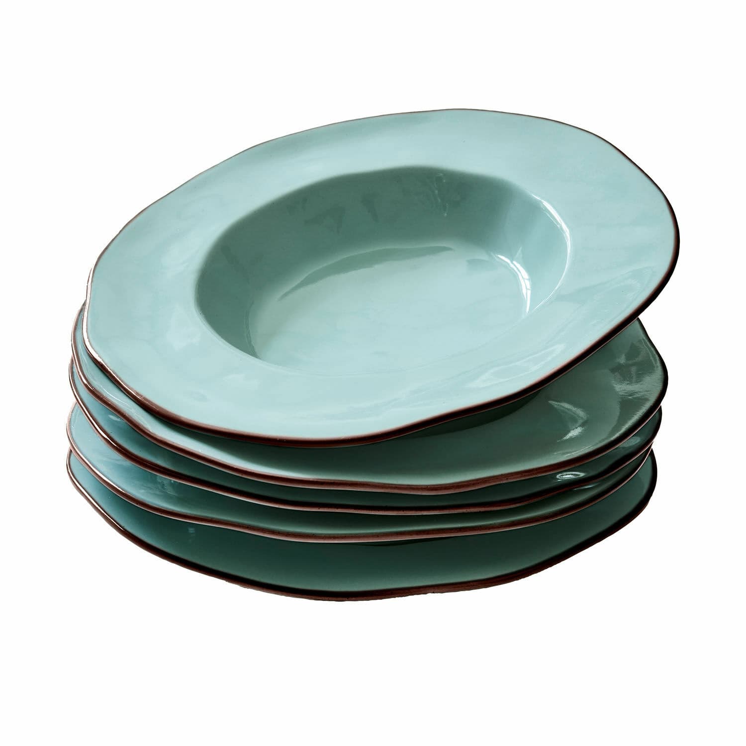 Suppenteller 6er Set Biarré Fünf türkisfarbene Keramik-Suppenteller mit braunem Rand zum Servieren von Suppe