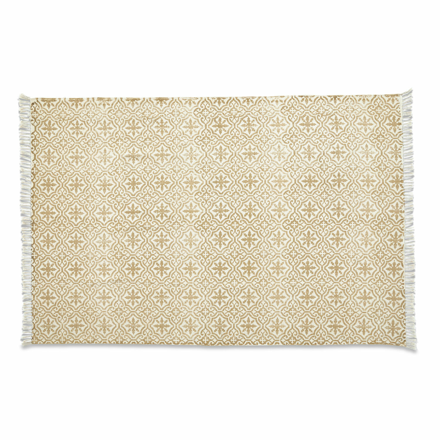Beiger Parochie Teppich aus Baumwolle mit dekorativem Muster und Fransen, Wohnzimmer-Teppich