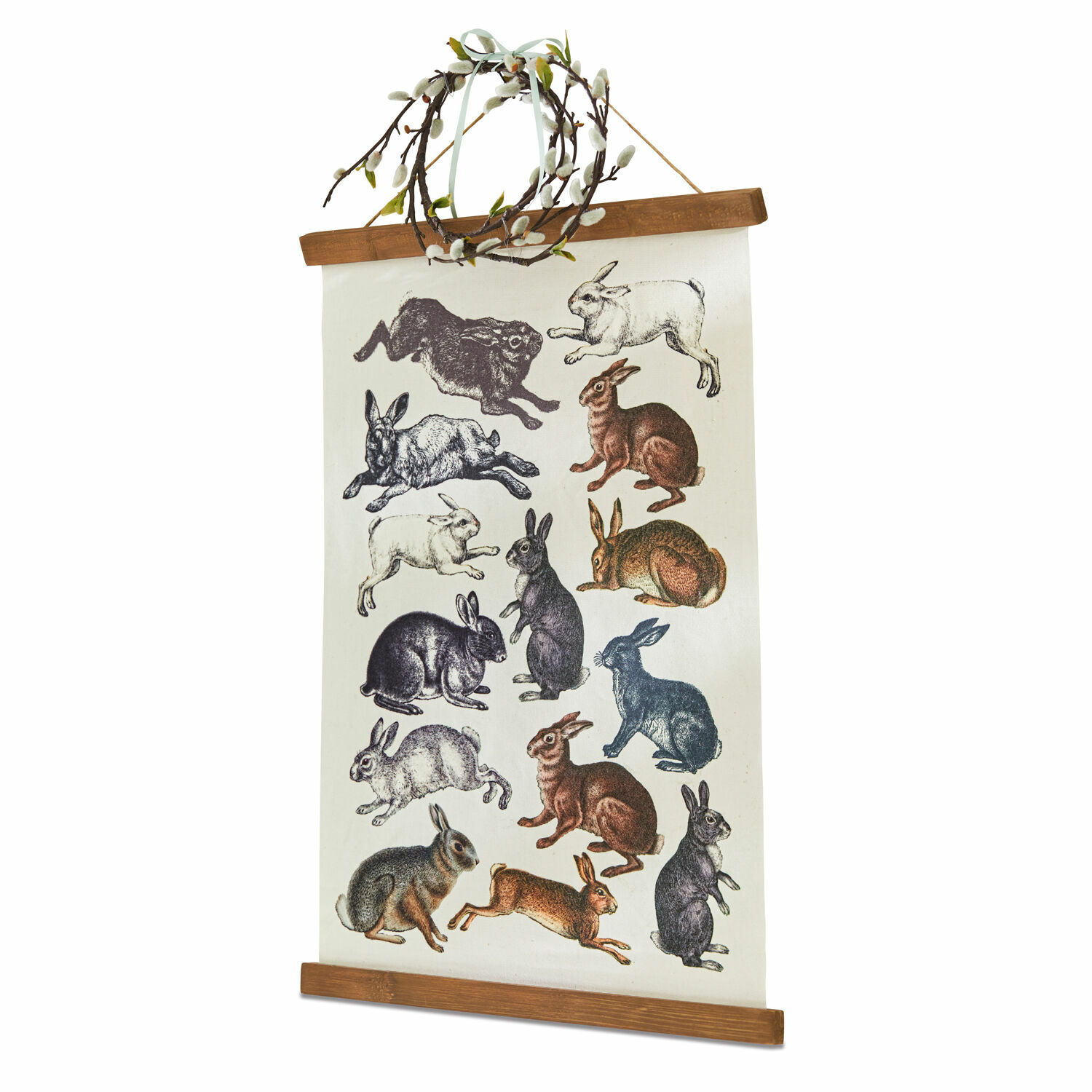 Dekorative Leinwand mit bunten Hasenillustrationen und Holzrahmen zum Aufhängen