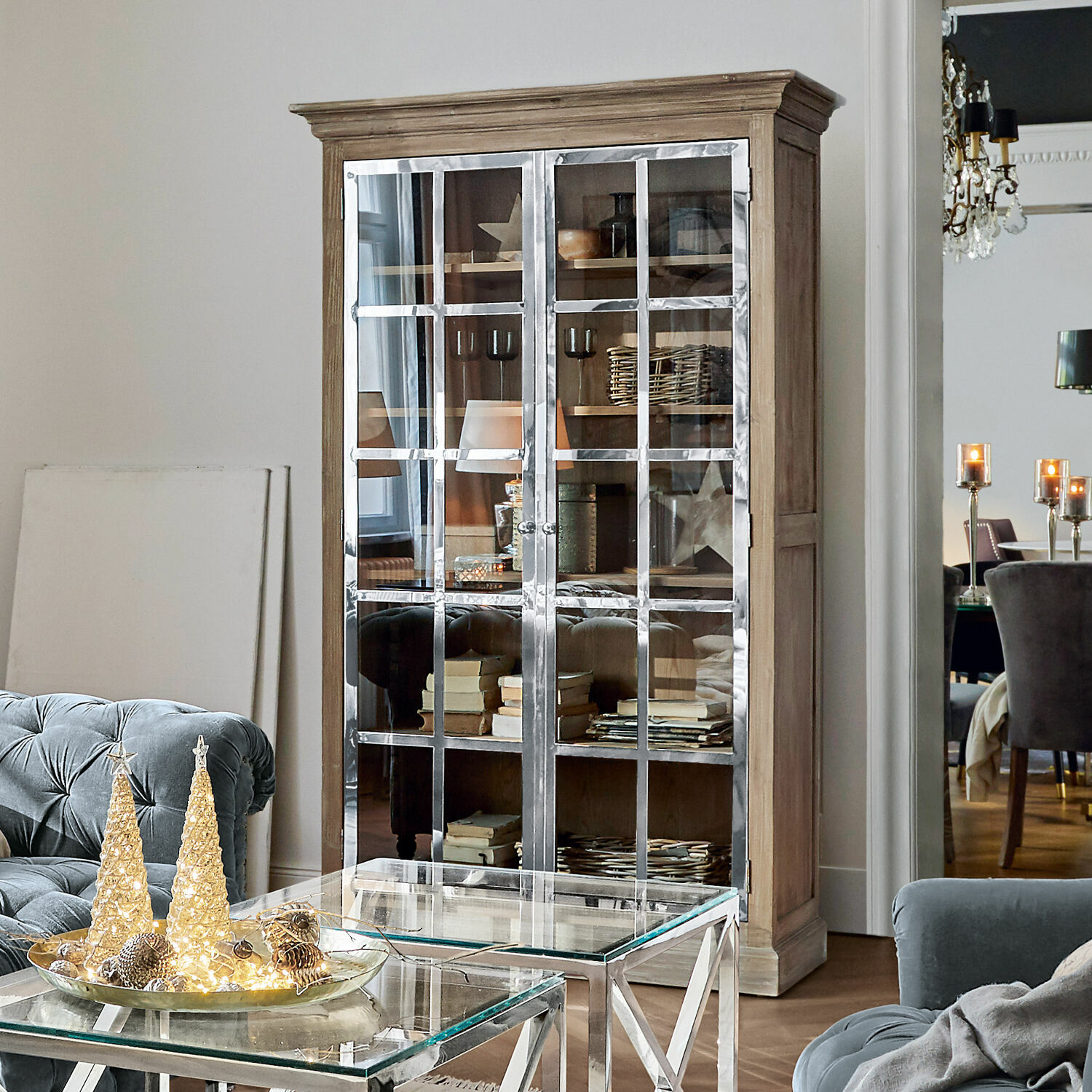 Schrank Keyport Holzvitrine mit Metalltüren und Regalen, dekorativer Schrank im Industrie-Stil fürs Wohnzimmer
