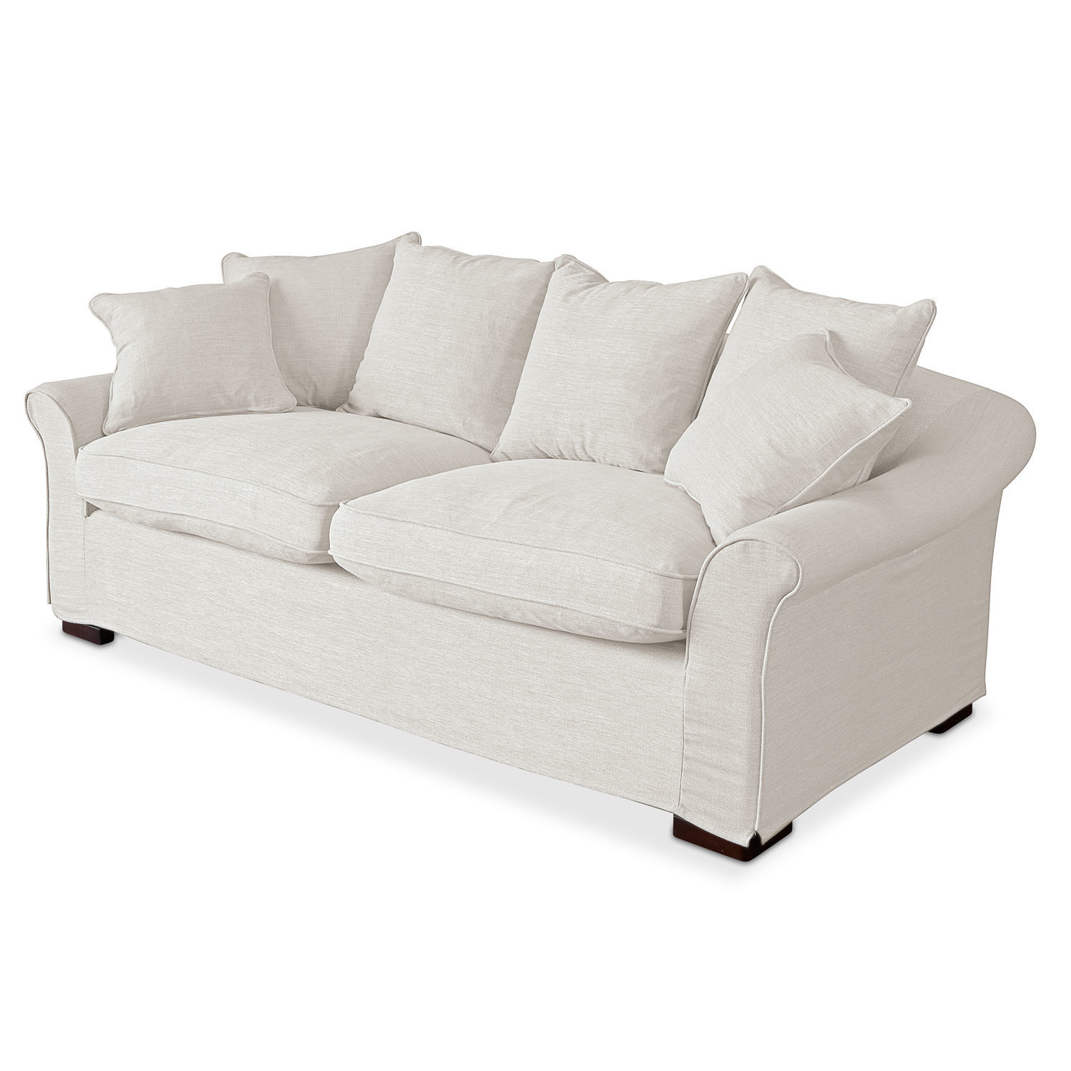 Sofa Long Beach Beige Stoffsofa mit weichen Kissen und dunklen Holzfüßen für gemütliches Wohnzimmer