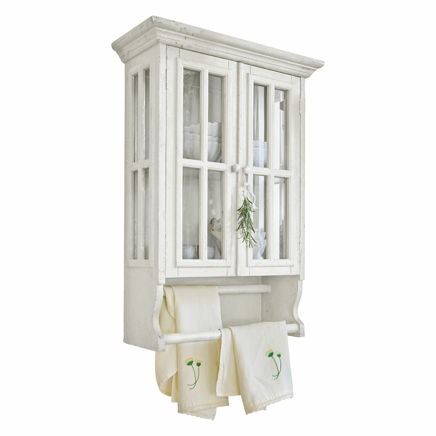 Weiße Holz-Wandvitrine mit Glastüren und Handtuchhalter für die Küche