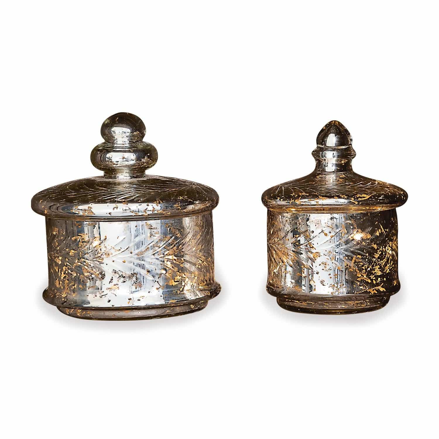 Glasdose 2er Set Elexa Set aus zwei Glasbehältern mit Deckeln, silber-goldene Verzierungen, Wohnaccessoire