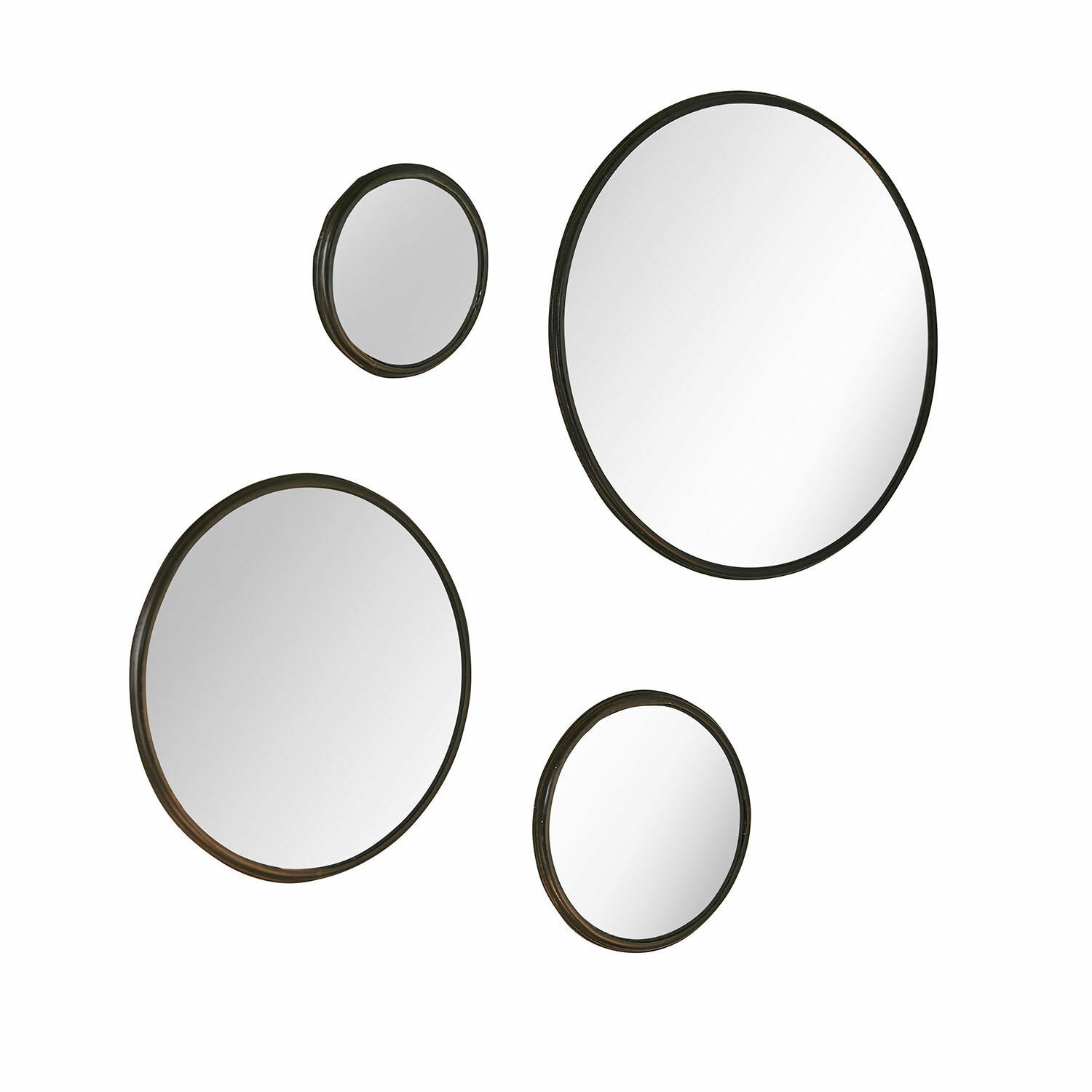 Set aus vier runden Spiegeln mit schwarzem Metallrahmen zur Wanddekoration