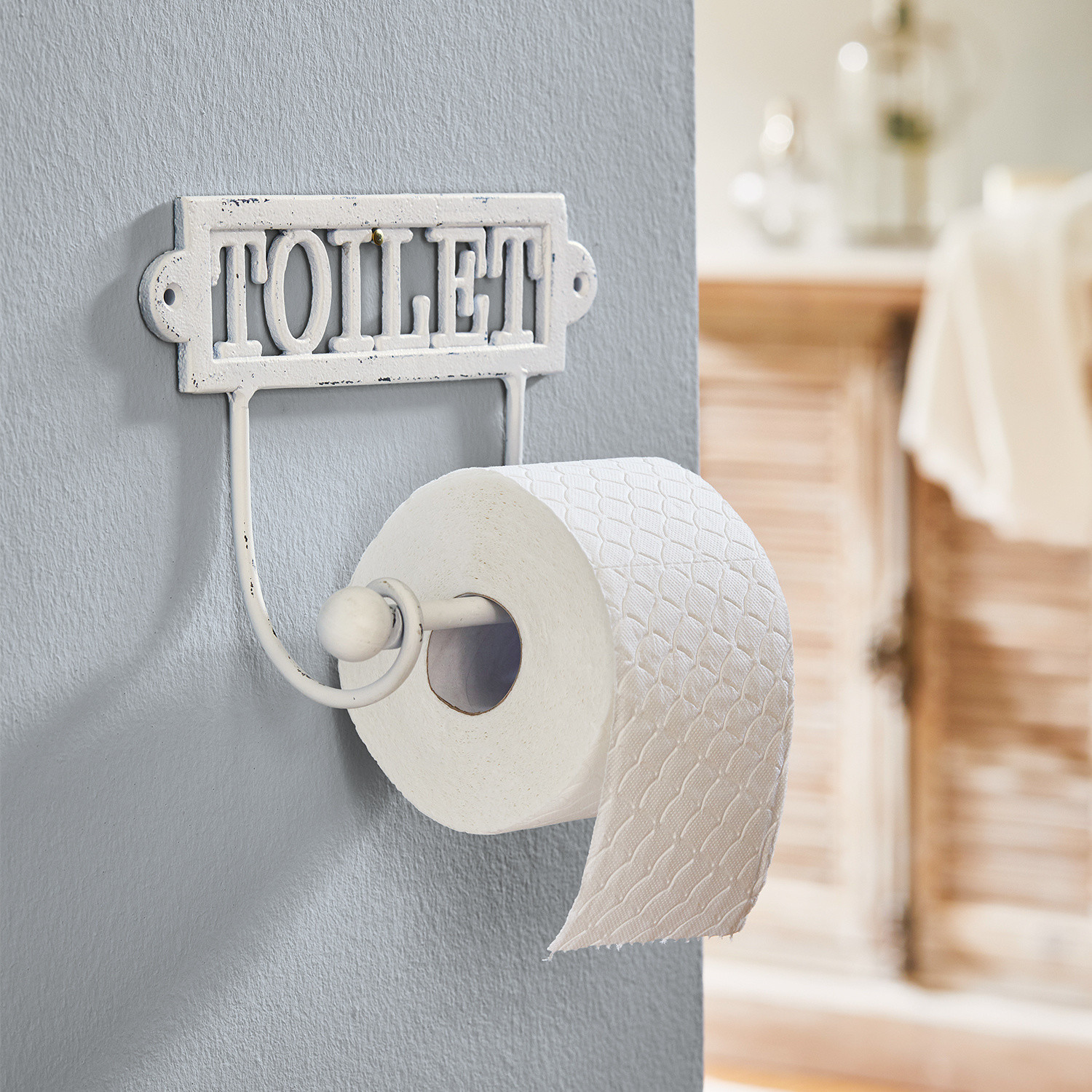 Toilettenpapierhalter Miramas Weißer Metall-Toilettenpapierhalter mit Schriftzug TOILET im Vintage-Stil für Badezimmer