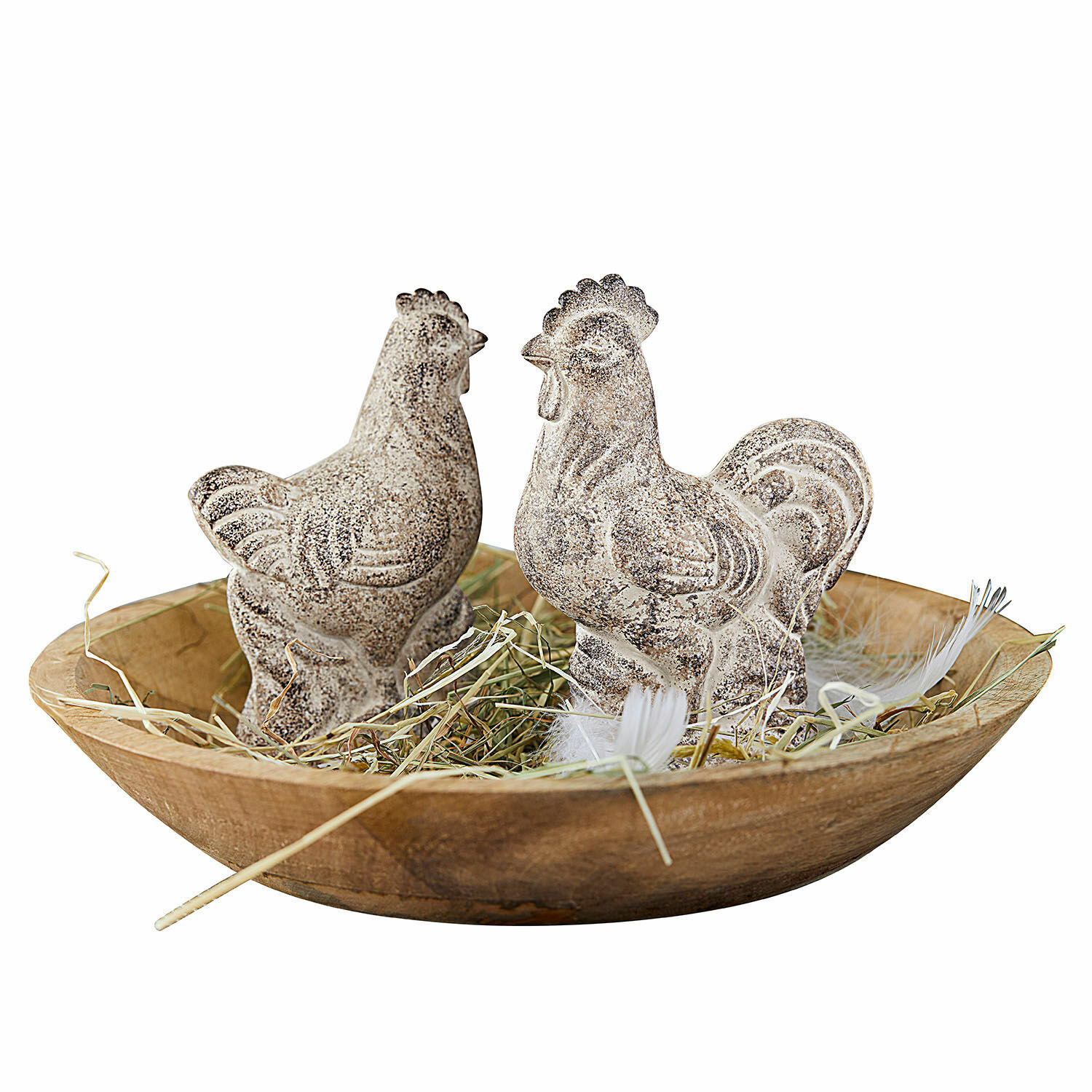 Huhn 2er Set Gesualdo Dekorative Huhn- und Hahn-Figuren aus Stein in einer Holzschale mit Heu, rustikale Deko