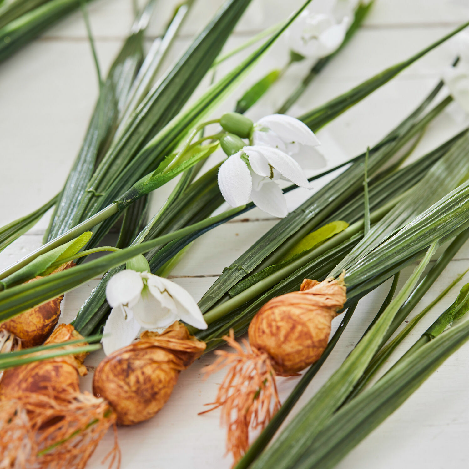 Künstliche Schneeglöckchen mit grünen Blättern und braunen Zwiebeln auf hellem Hintergrund