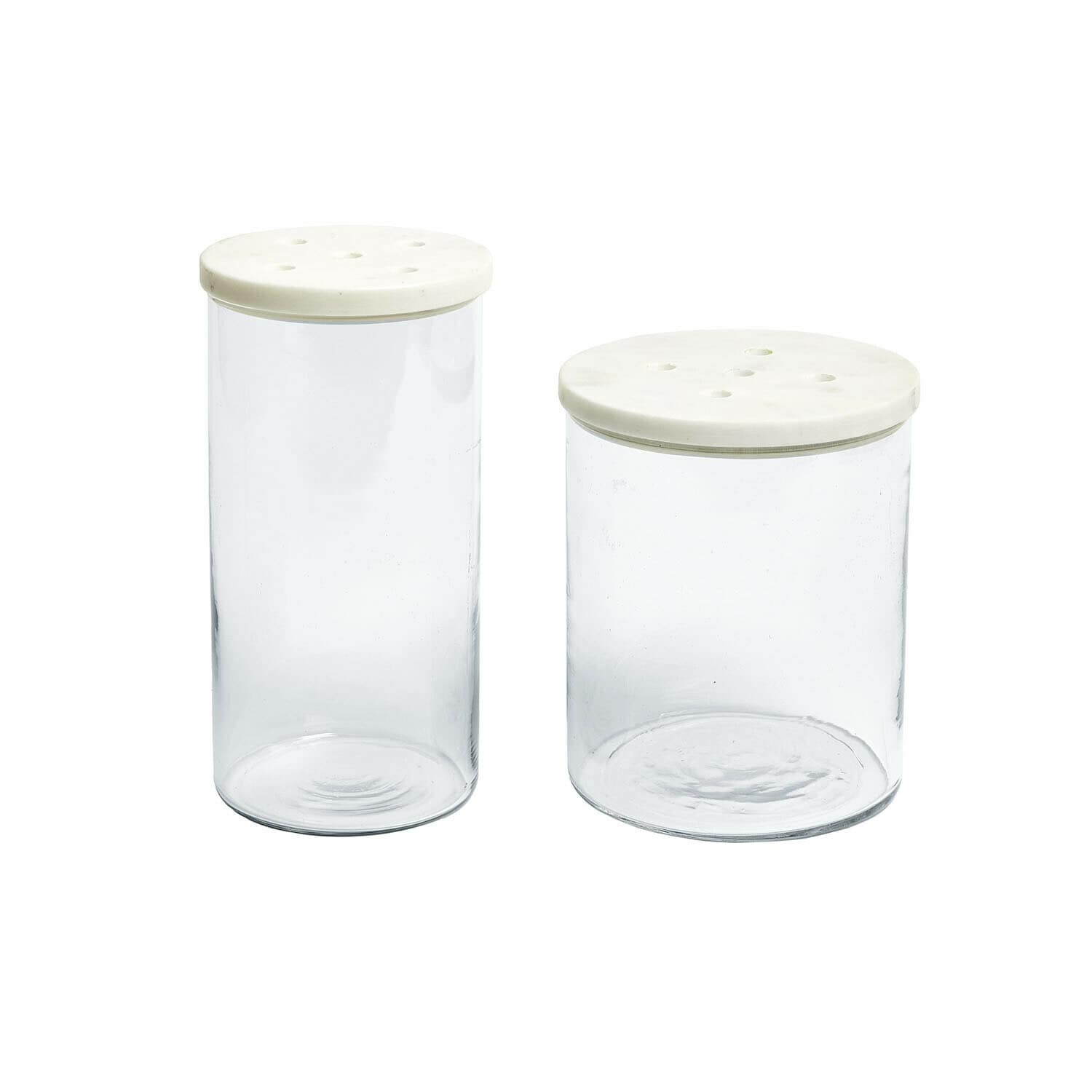 Glasdose 2er Set Rosanella Set aus zwei transparenten Glasbehältern mit weißen Keramikdeckeln und Löchern zur Aufbewahrung