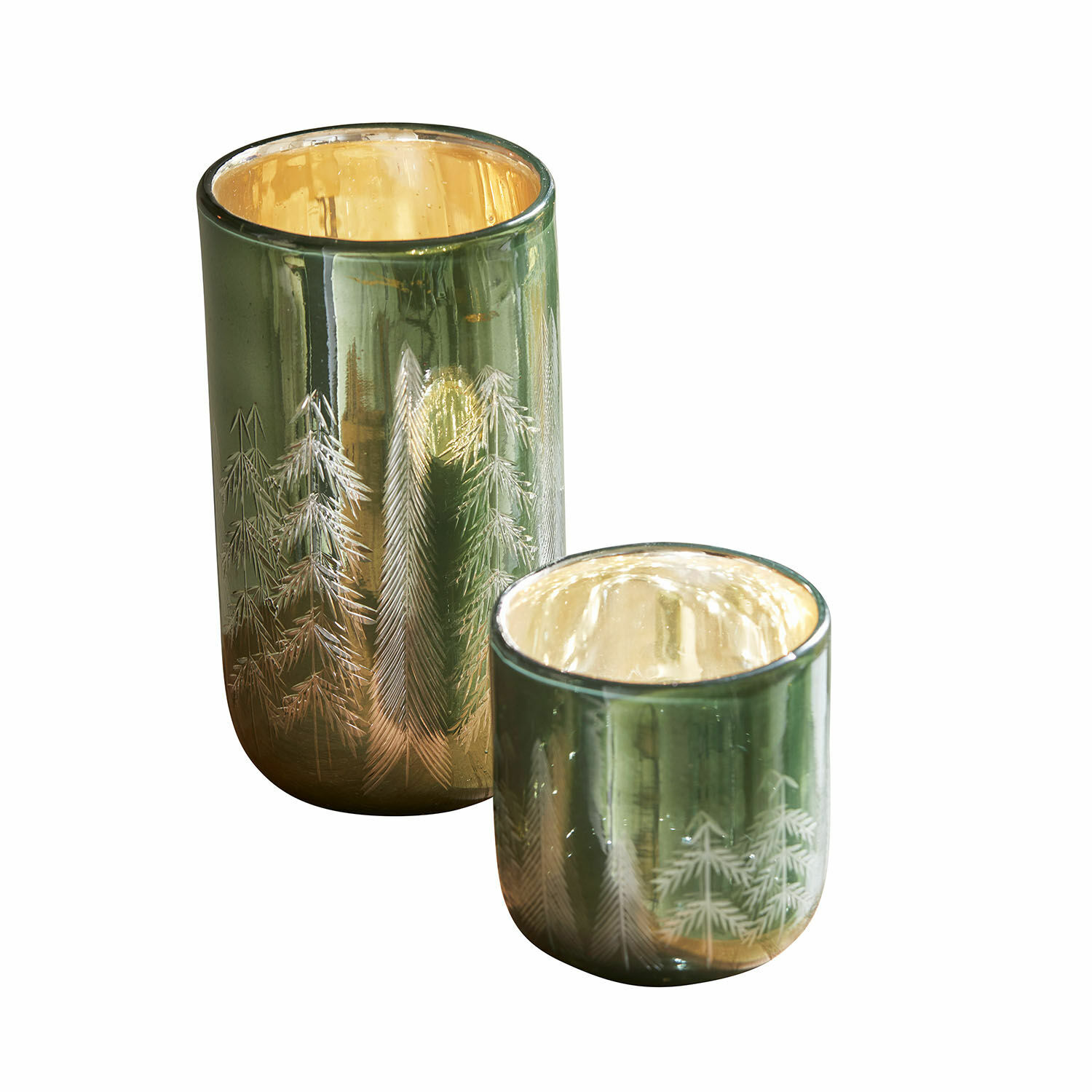 Windlicht 2er Harifaz Set aus zwei grünen Glas-Teelichthaltern mit Baum-Motiv und goldenem Innenraum für Wohnraumdeko